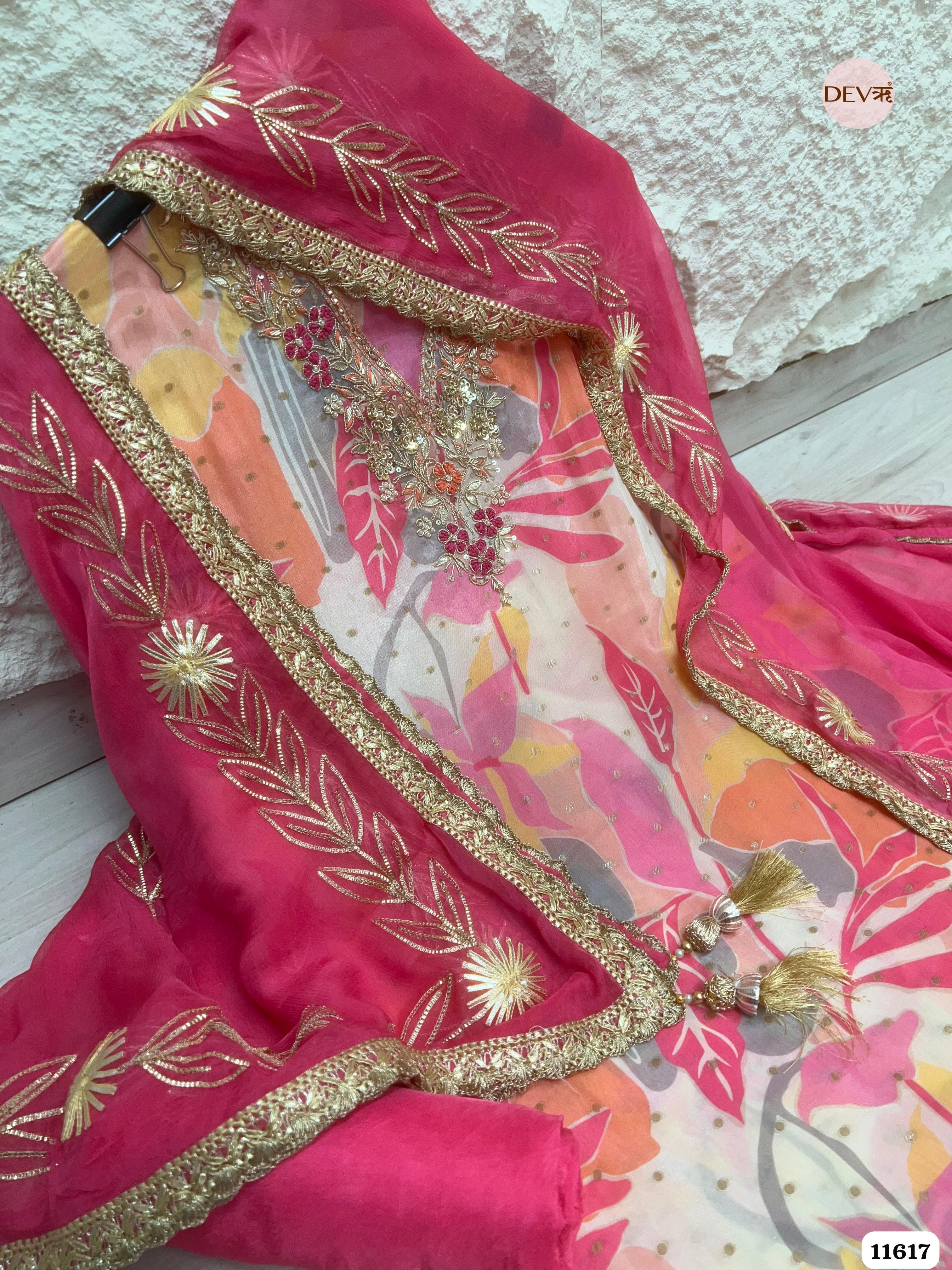 Pink Pure Silk Unstitched Printed Hand Embroidered -Set Of 3 {11617}