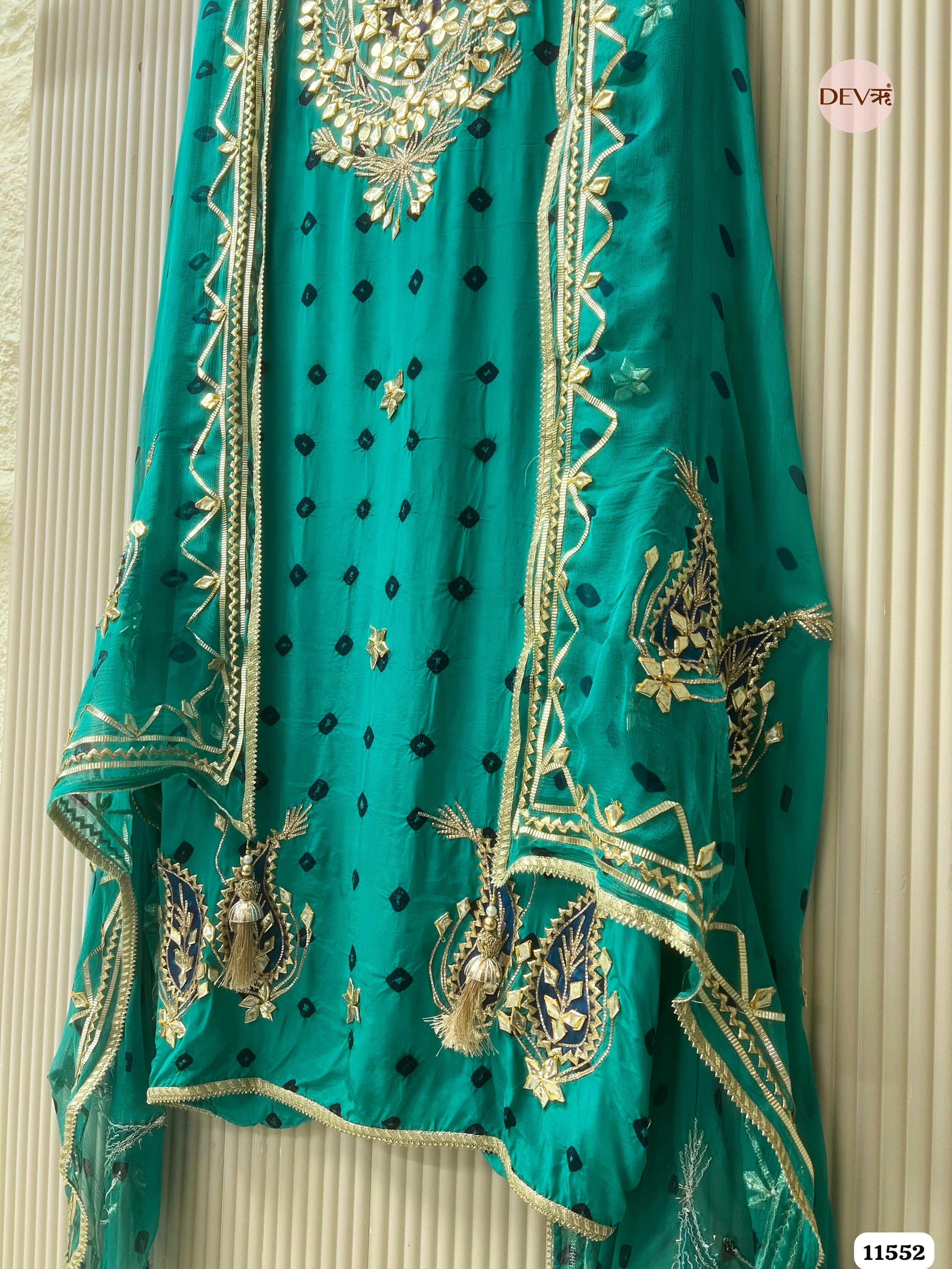 Green Pure Organza Silk Unstitched Printed Hand Gota Embroidered -Set Of 3 {11552}