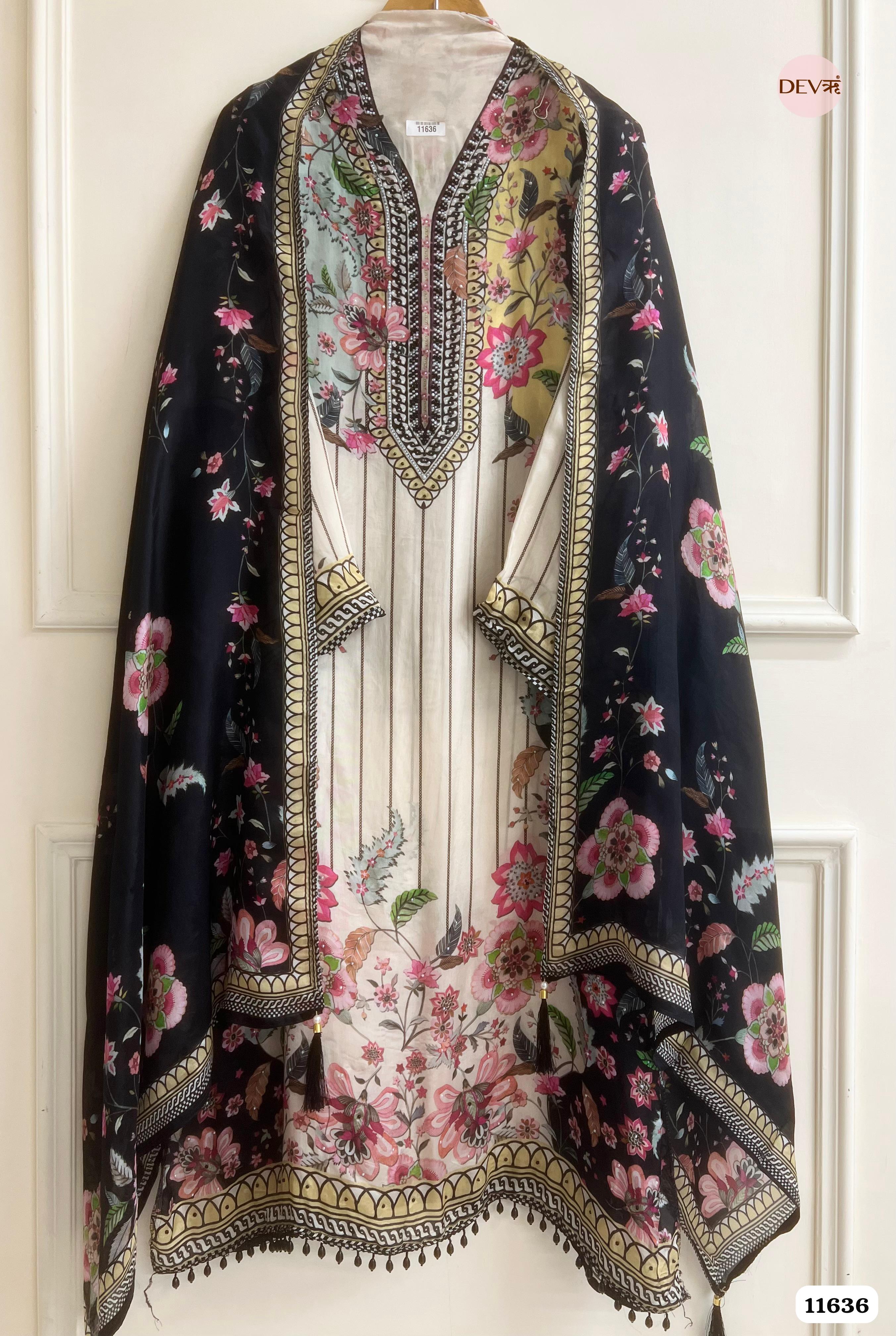 Multi Colour Organza Printed Semi stitched Hand Embroidered -Set Of 3 {11636}