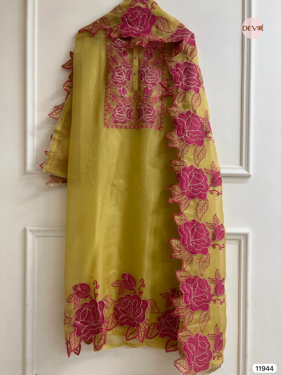 Yellow Pure Tissue Shimmer Unstitched Embroidered -Set Of 3 - {11944}