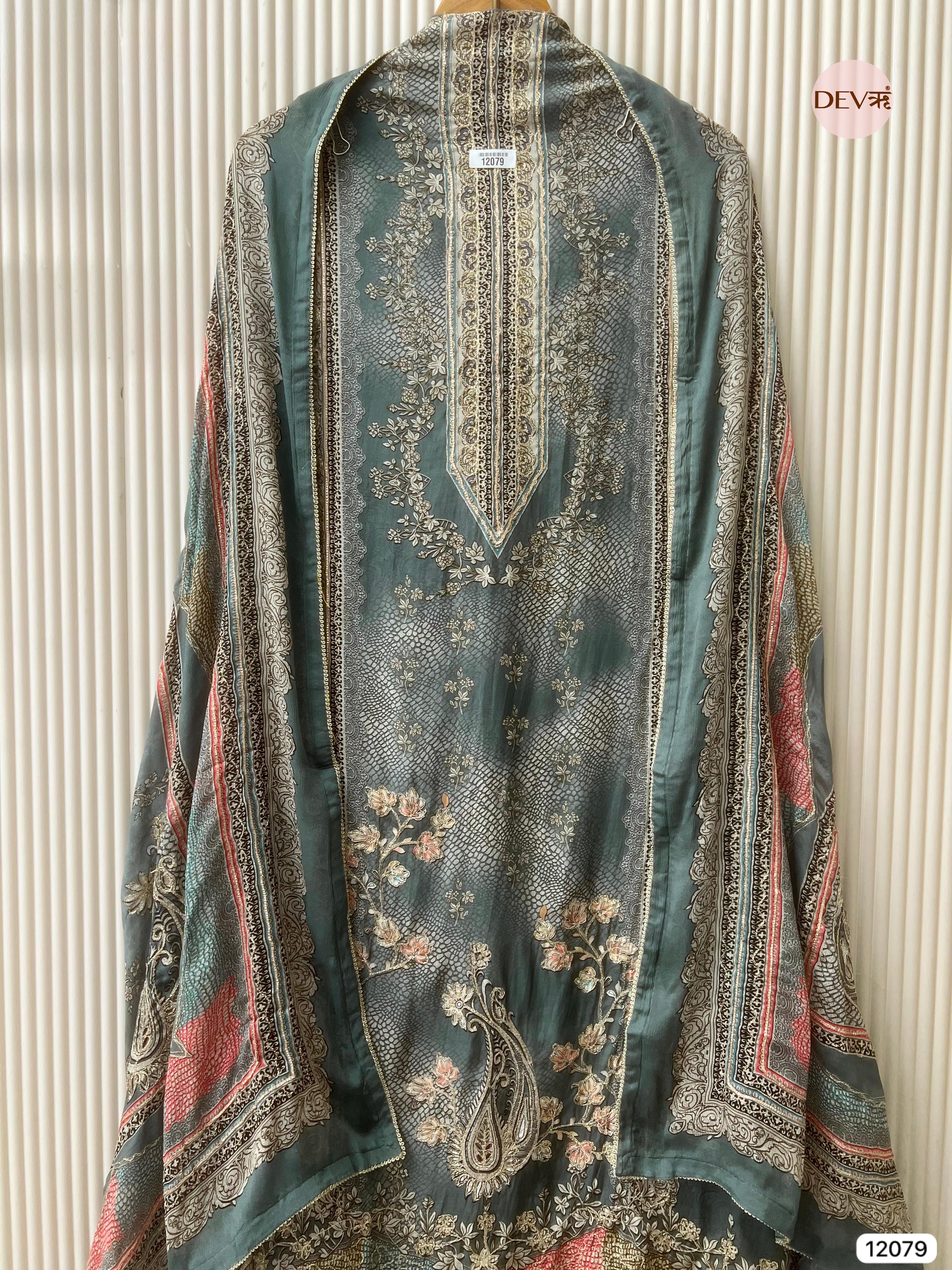 Green Pure Muslin Unstitched Printed With Hand Zardosi Embroidery -Set Of 3 - {12079}