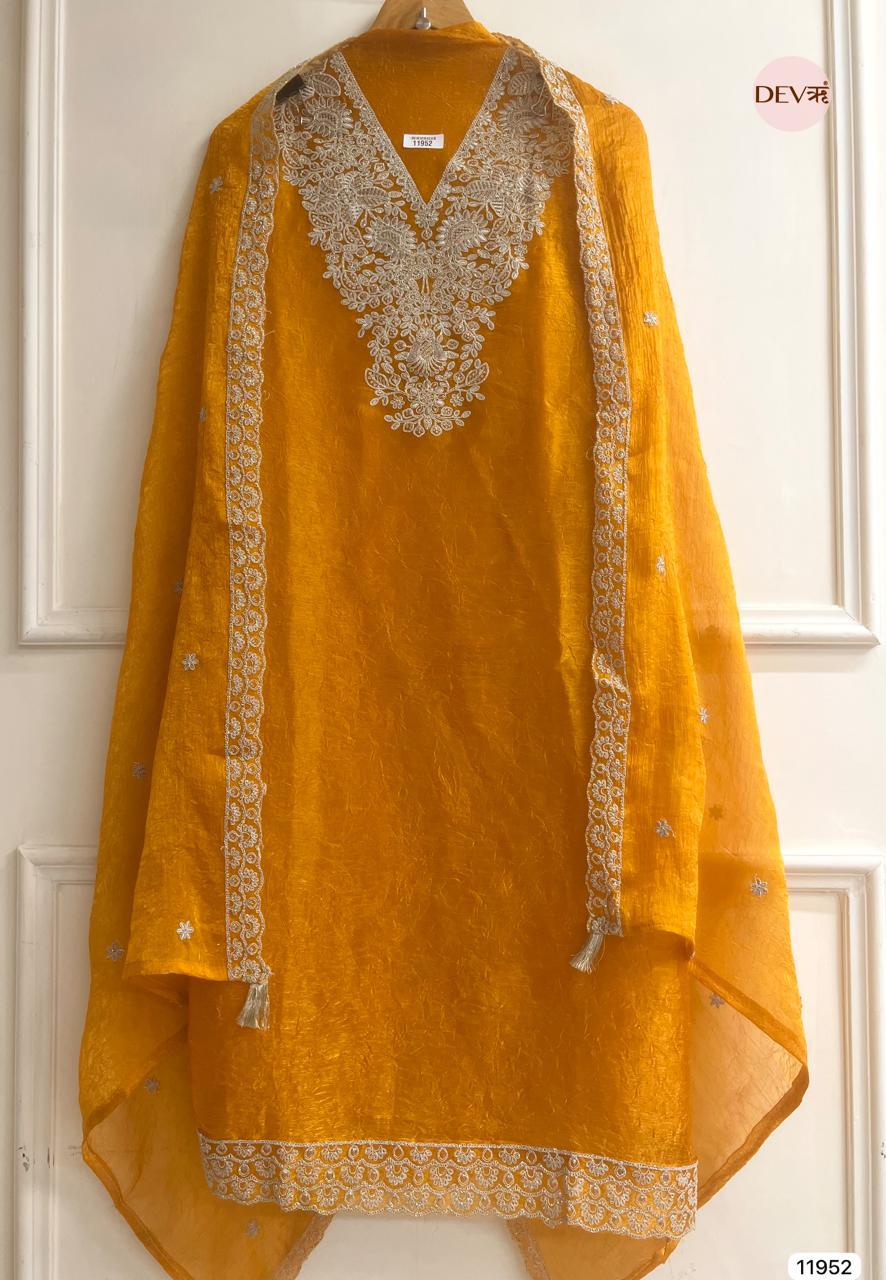 Mustard Crush Tissue Embroidered Unstitched 3-Piece Suit (Devri – D.No 11952)
