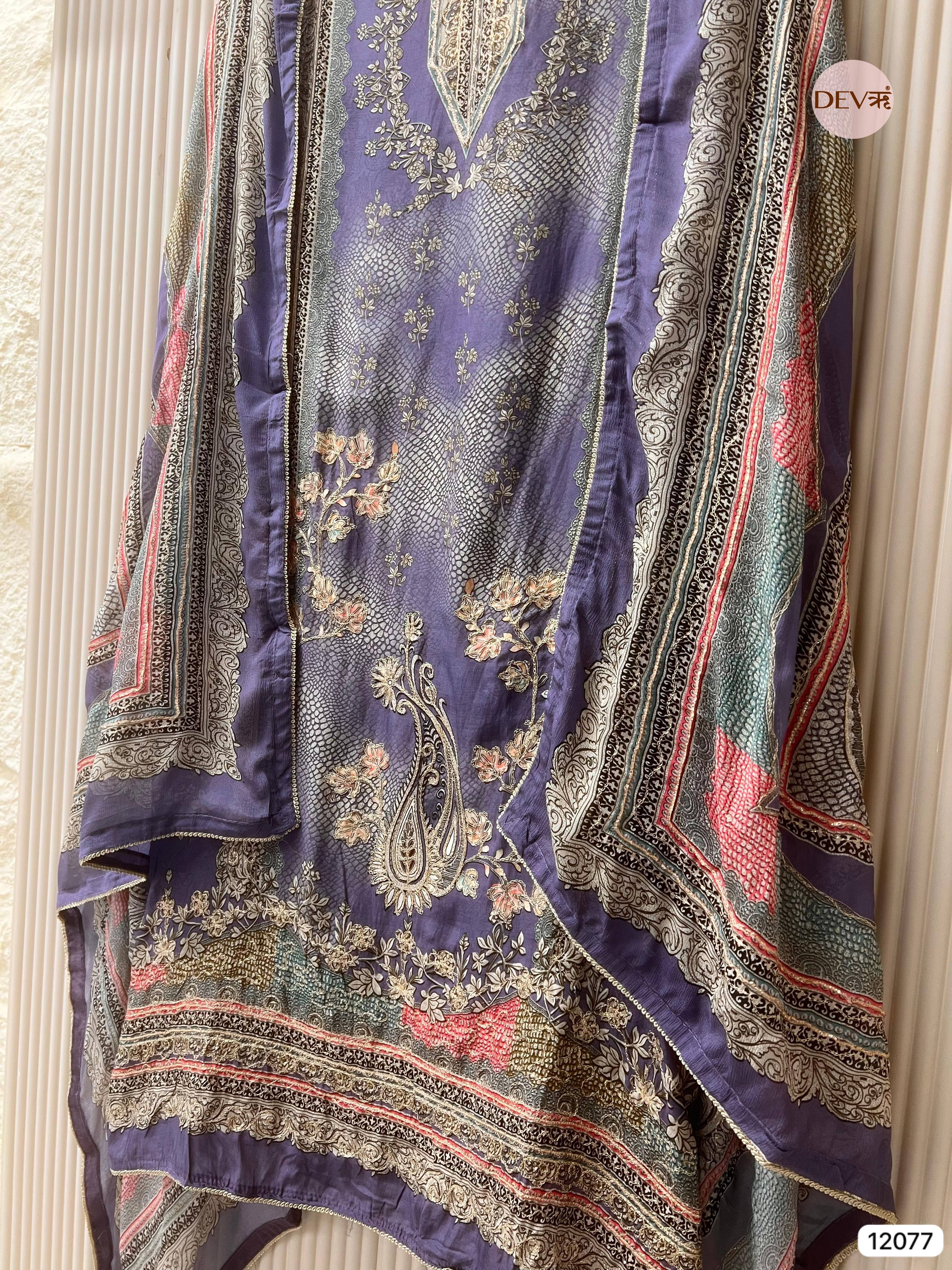 Purple Pure Muslin Unstitched Printed With Hand Zardosi Embroidery -Set Of 3 - {12077}