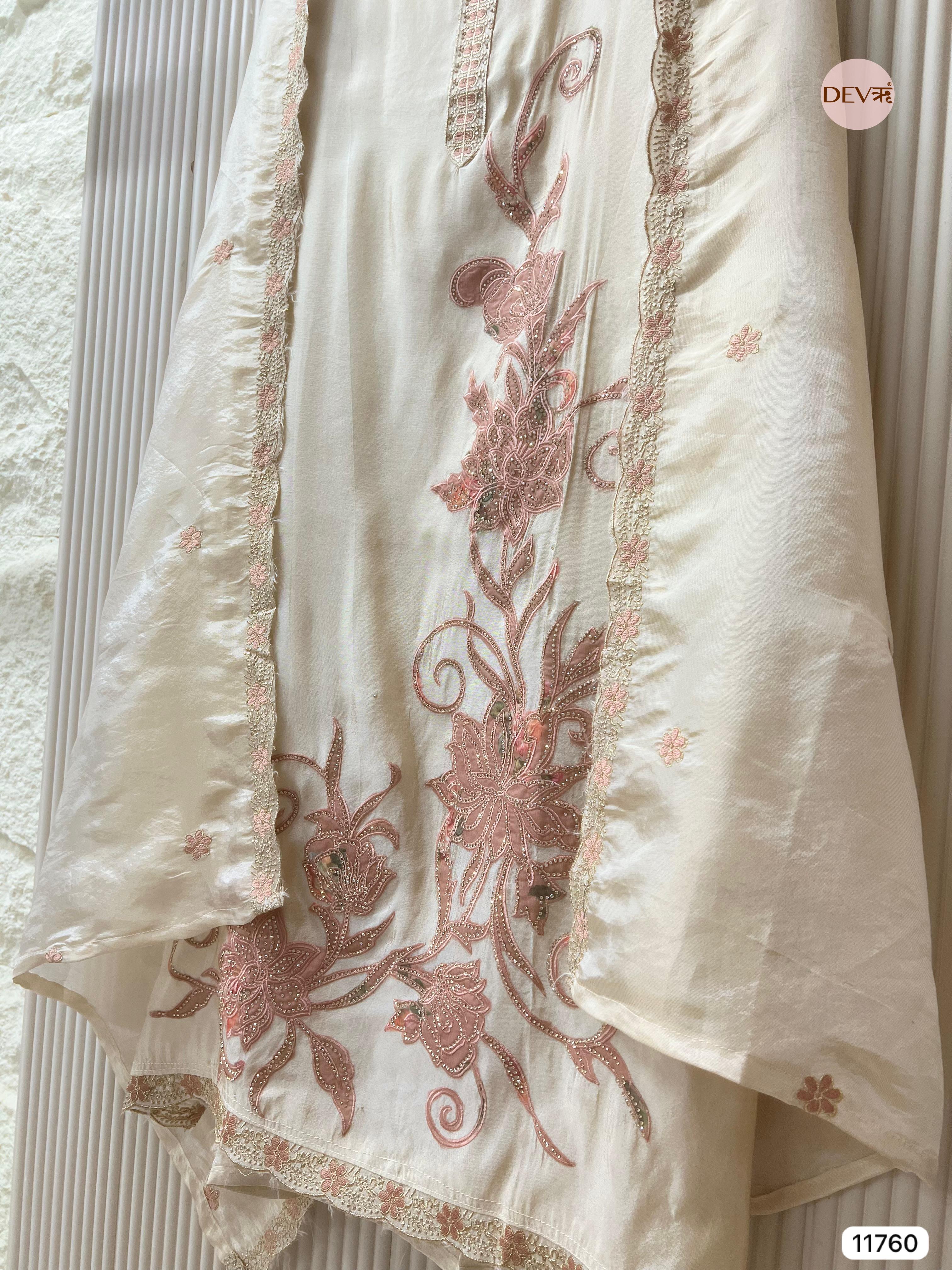 White Shimmer Tissue Unstitched Hand Embroidered -Set Of 3 - {11760}