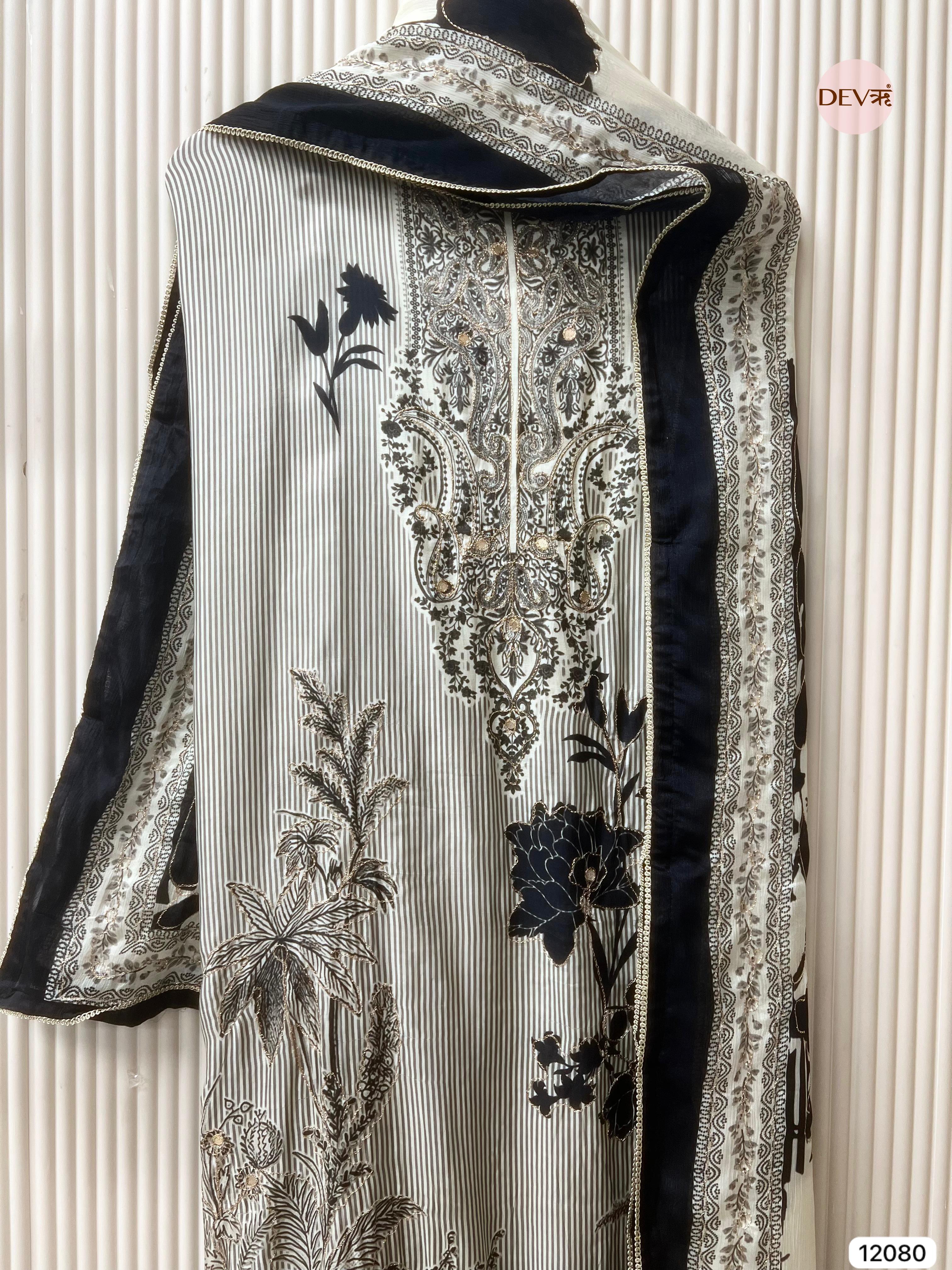 Black & White Pure Muslin Unstitched Printed With Hand Zardosi Embroidery -Set Of 3 - {12080}