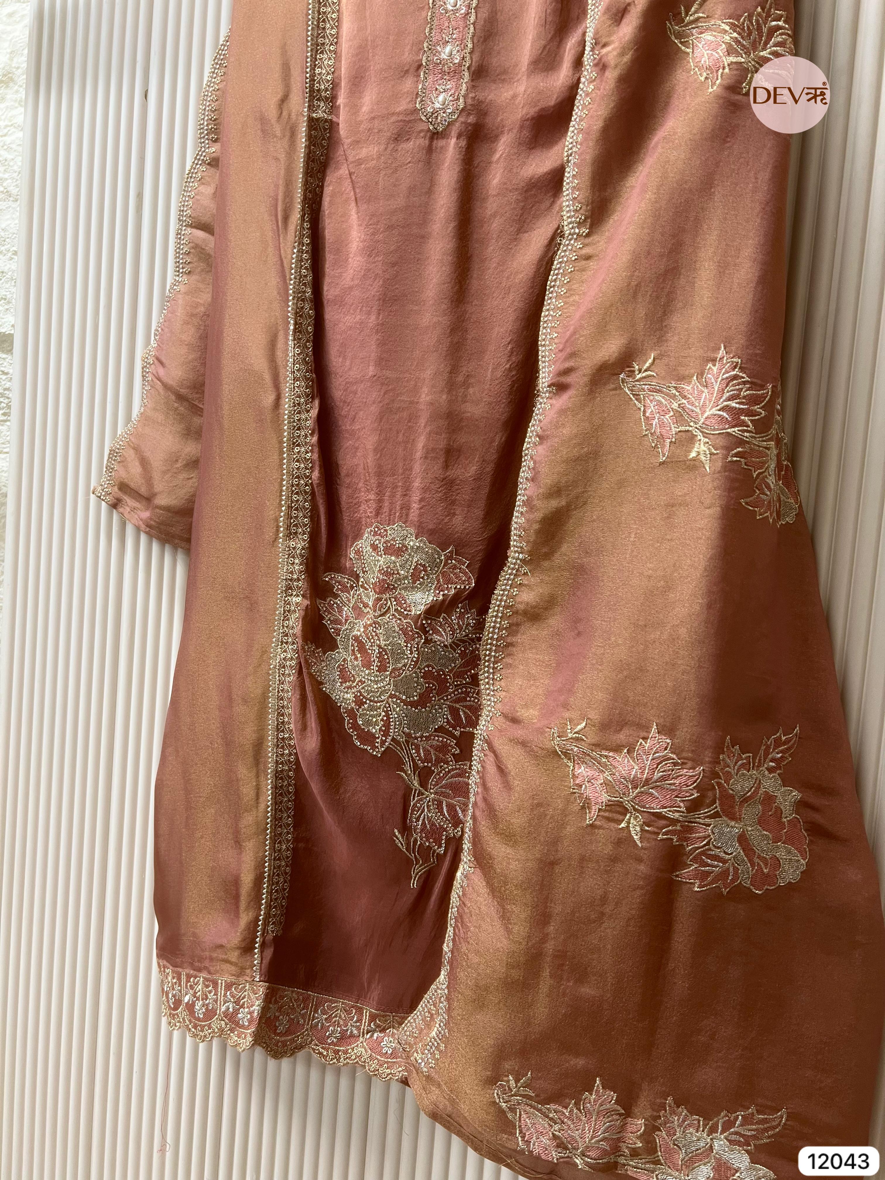 Brown Tissue Shimmer Silk Unstitched Hand Embroidered -Set Of 3 - {12043}