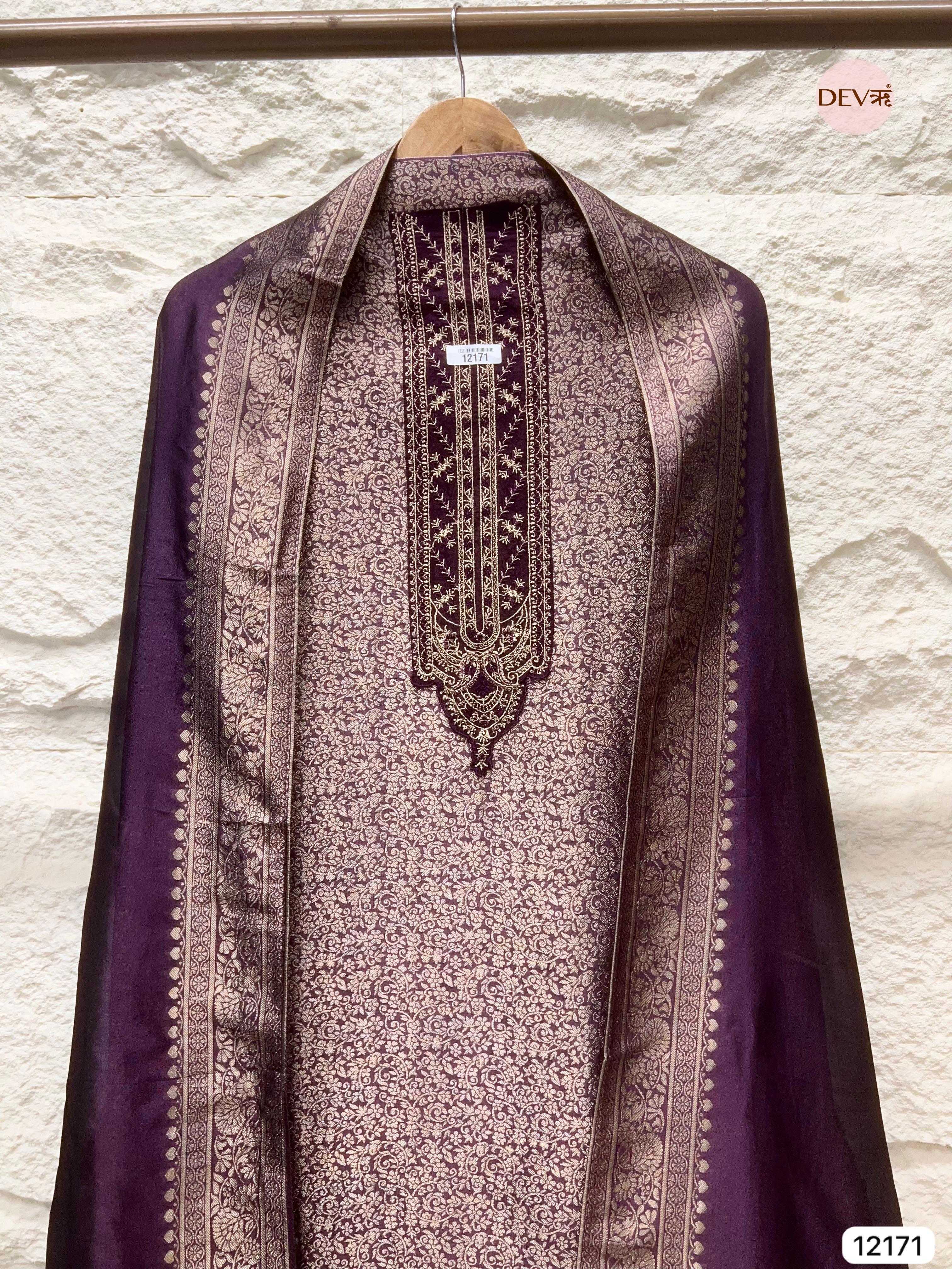 Purple Pure Banarasi silk Unstitched Hand Embroidered -Set Of 3 - {12171}