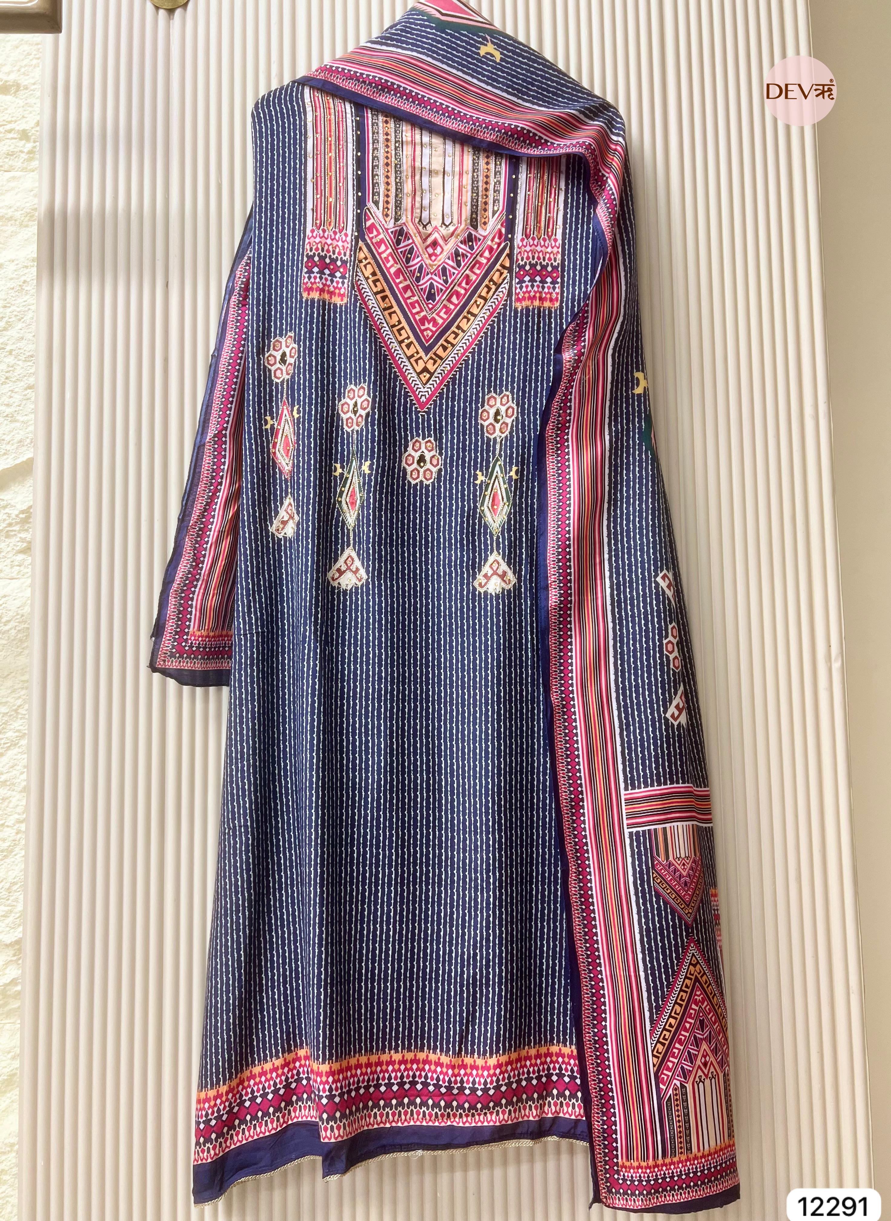 Navy Printed Muslin Unstitched 3-Piece Suit (Devri – D.No 12291)
