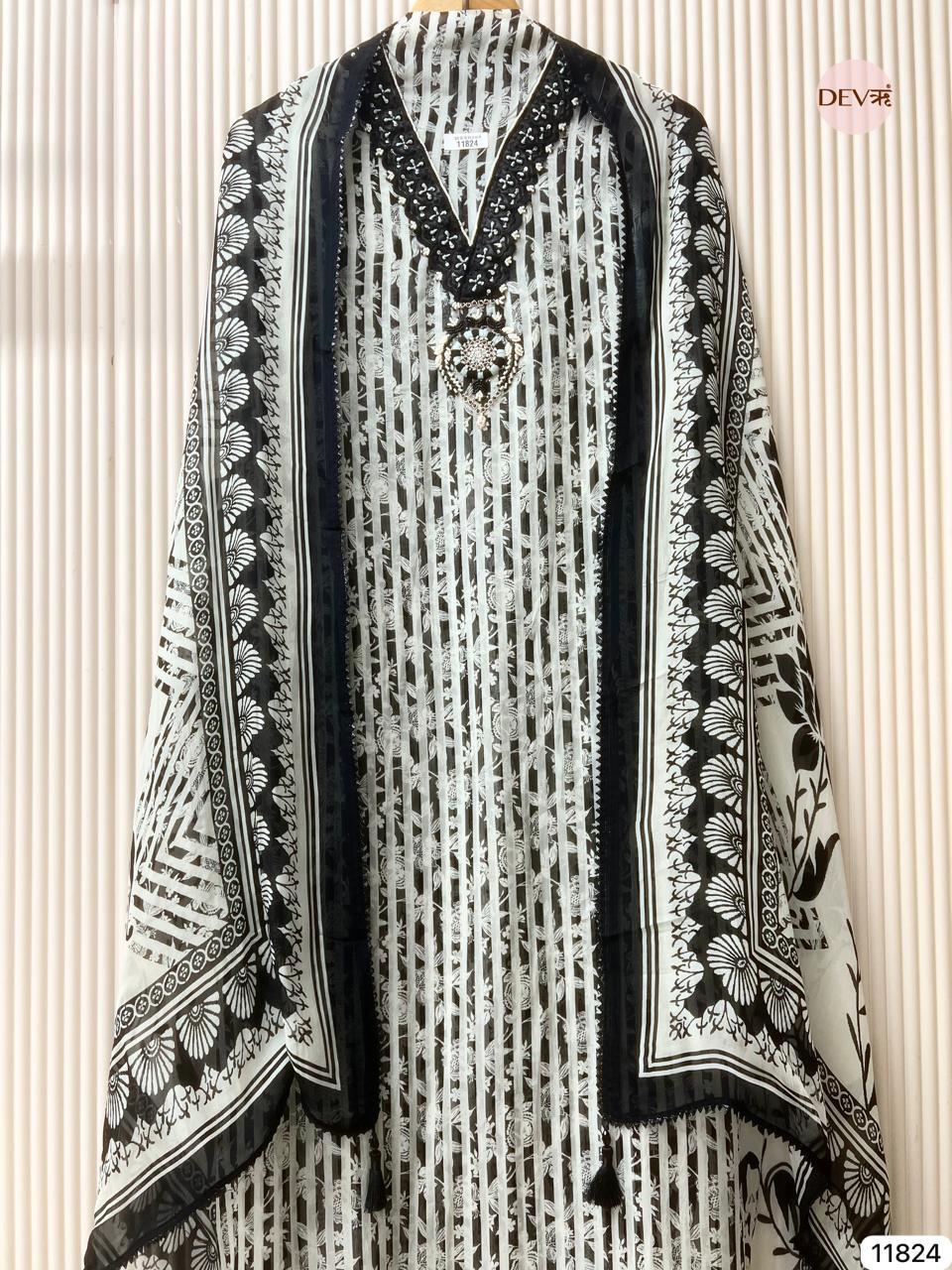 Black Ivory Organza Embroidered Unstitched 3-Piece Suit (Devri – D.No 11824)