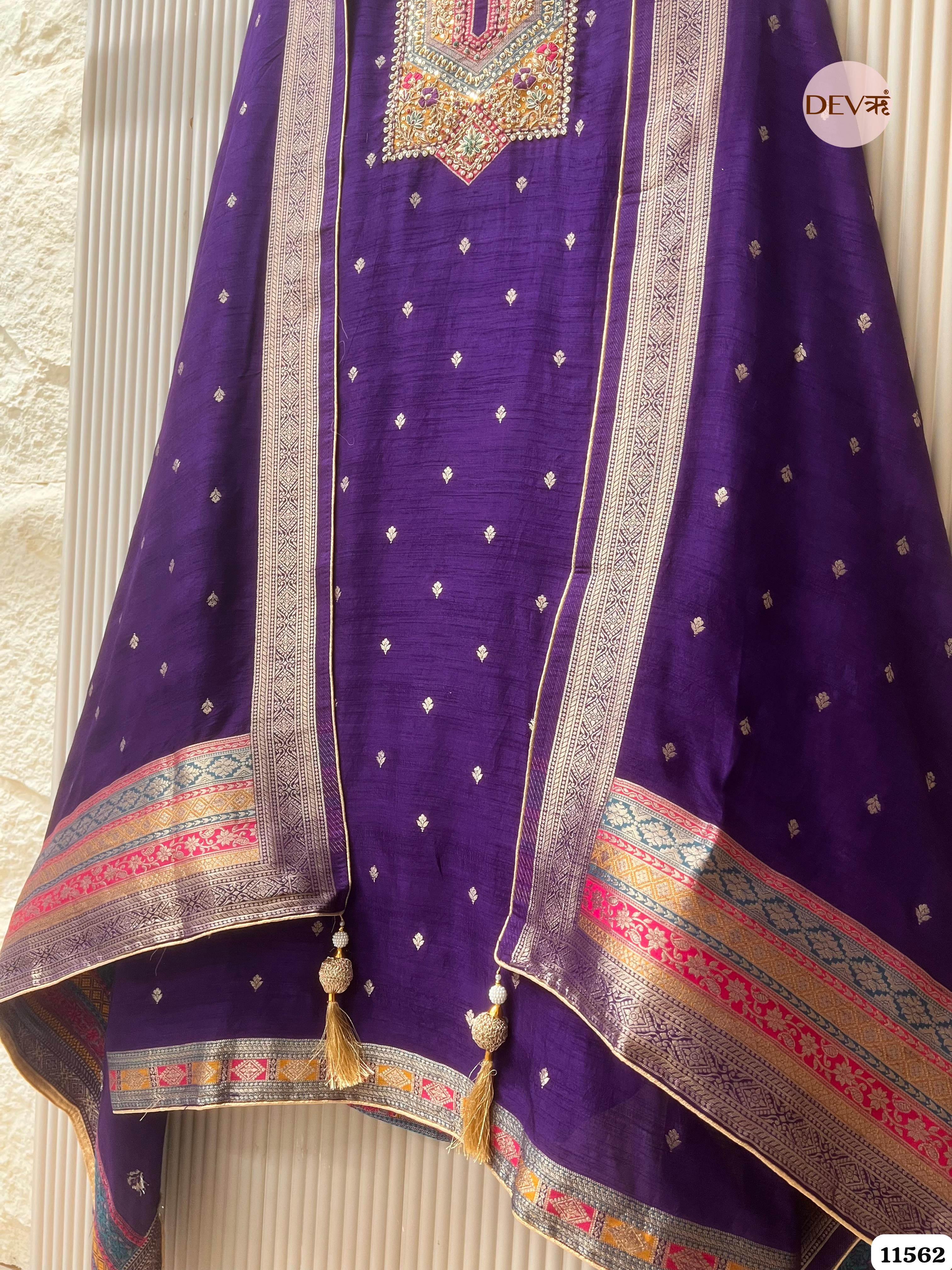 Purple Pure Russian silk Woven Unstitched Hand Embroidered -Set Of 3 {11562}