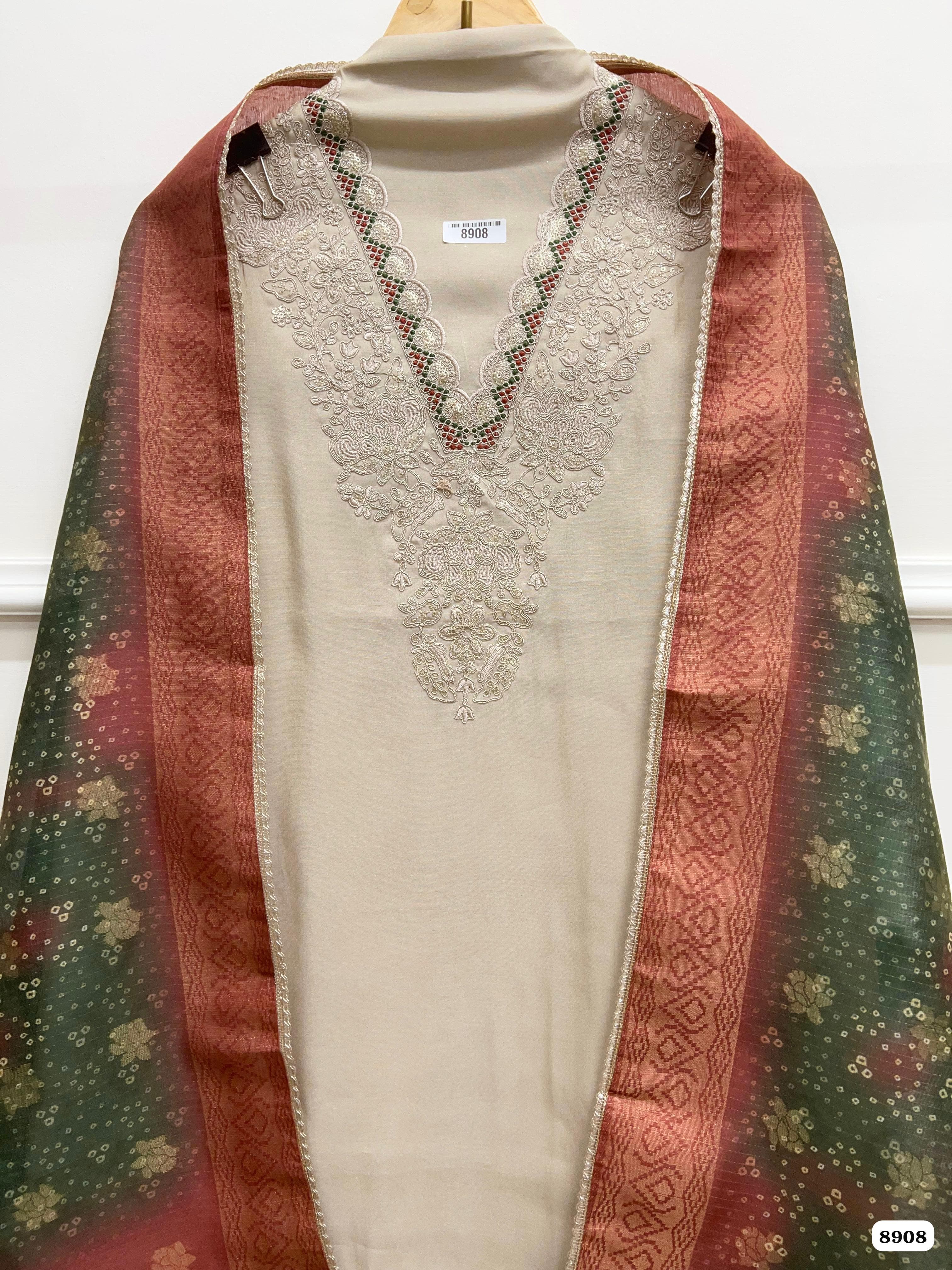 Beige Modal Silk Unstitched Embroidered -Set Of 3