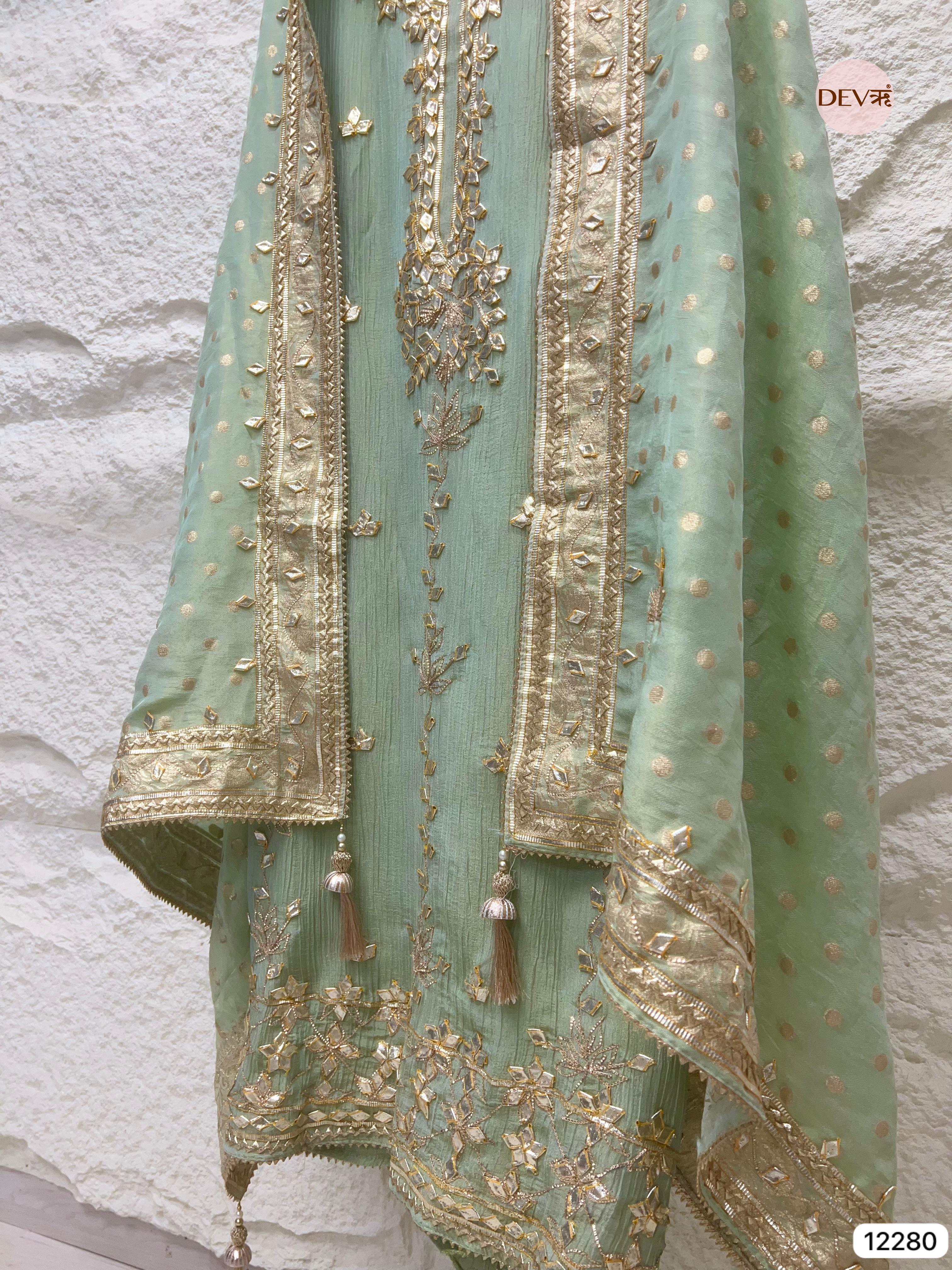 Green Pure Chinon Unstitched Hand Embroidered -Set Of 3 - {12280}