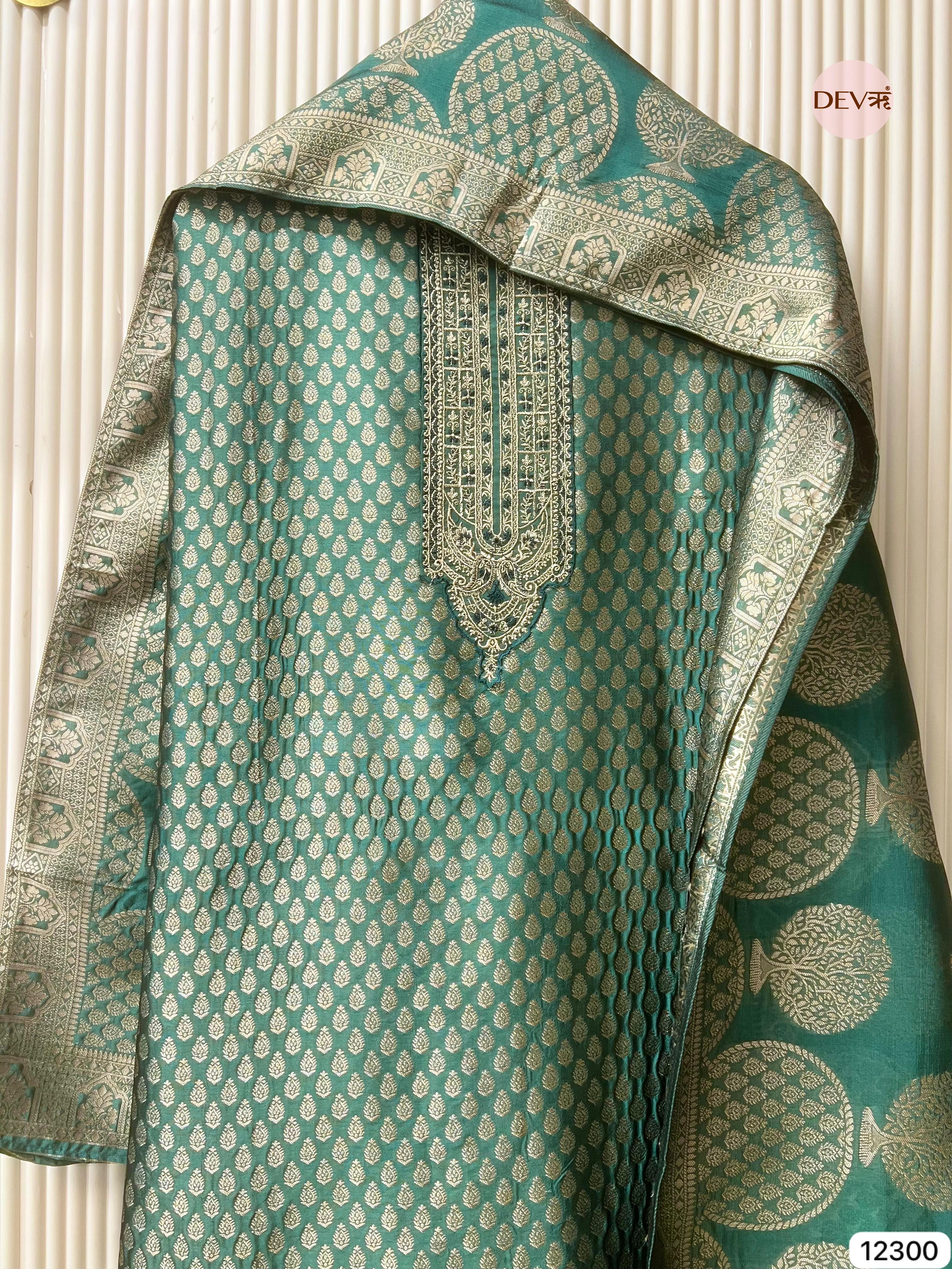 Teal Green Pure Banarasi Silk Woven Unstitched 3-Piece Suit (Devri – D.No 12300)