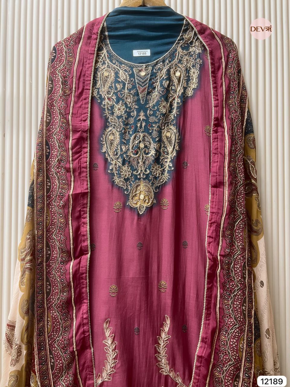 Wine Muslin Embroidered Unstitched 3-Piece Suit (Devri – D.No 12189)