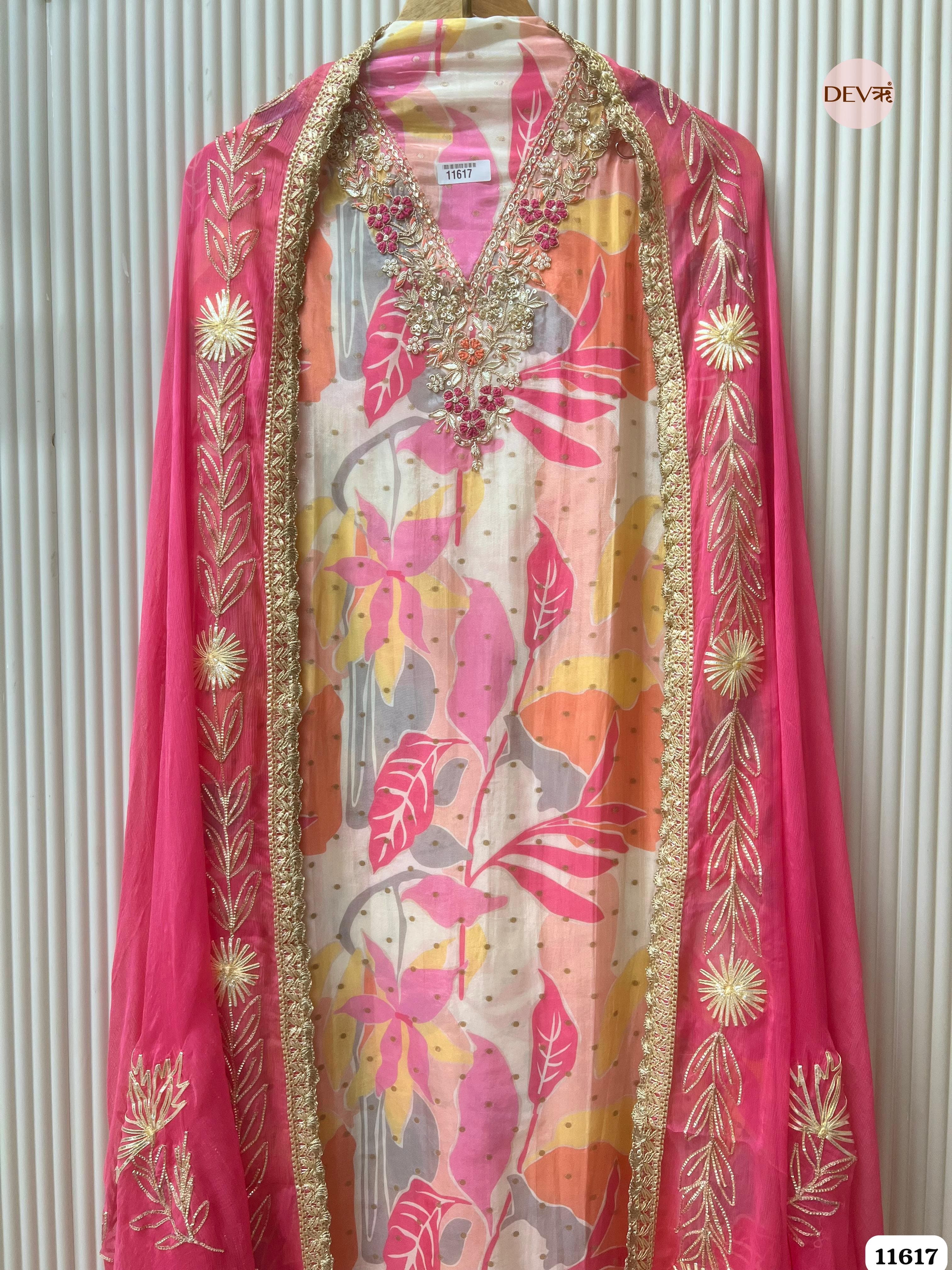 Pink Pure Silk Unstitched Printed Hand Embroidered -Set Of 3 {11617}