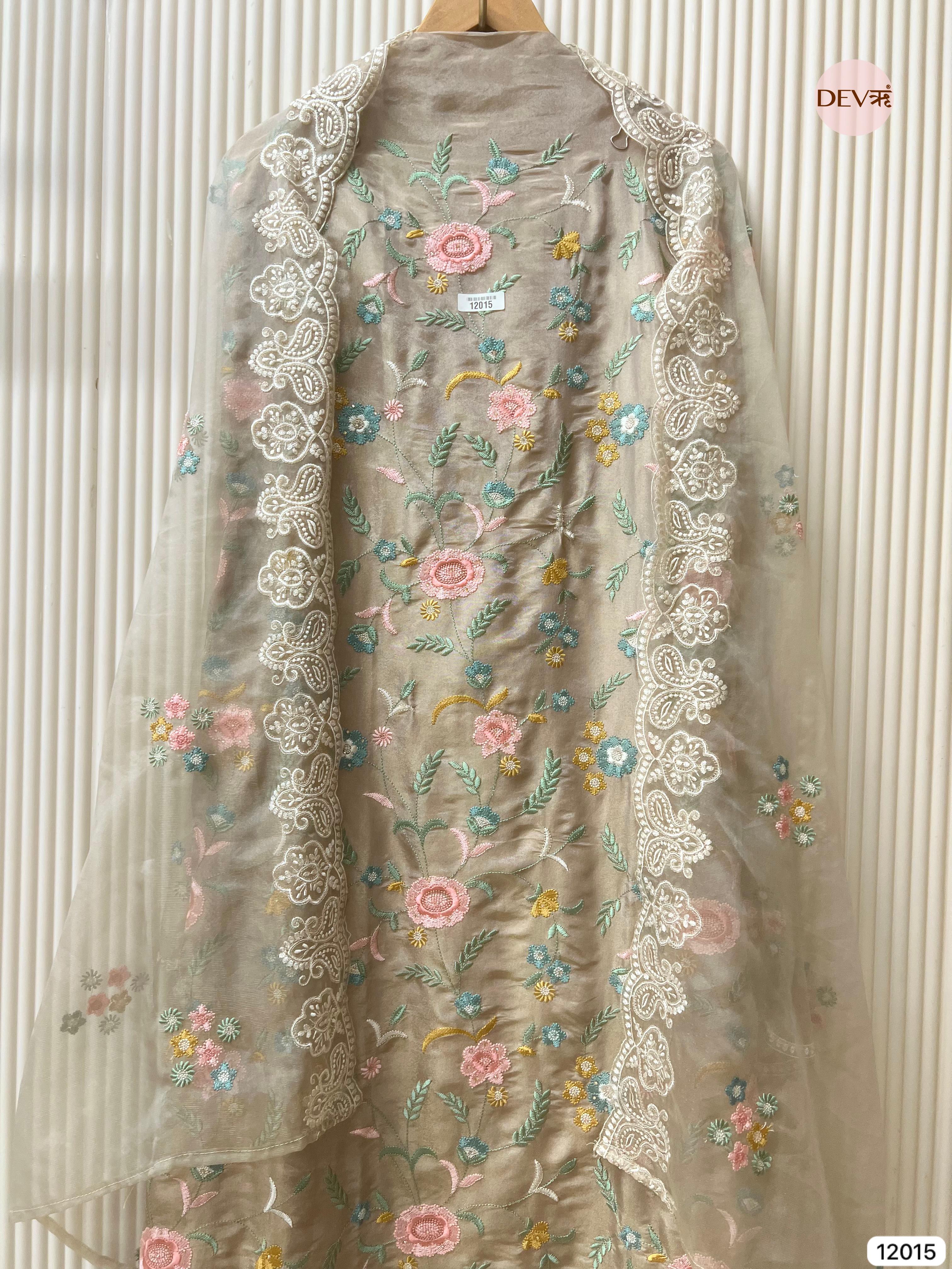 Grey Shimmer Tissue Silk Unstitched Embroidered -Set Of 3 - {12015}