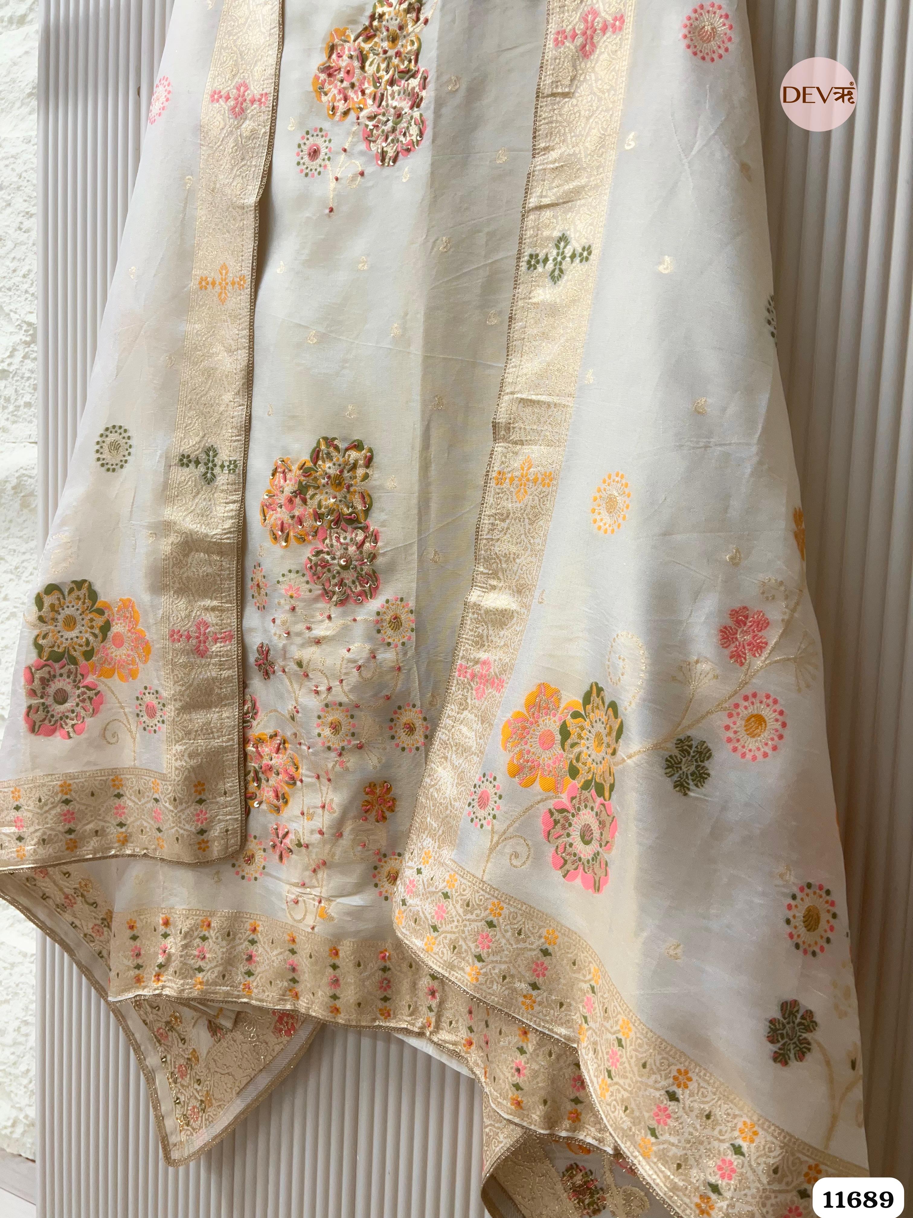 Off white Burberry Silk Unstitched Woven Embroidered -Set Of 3 {11689}