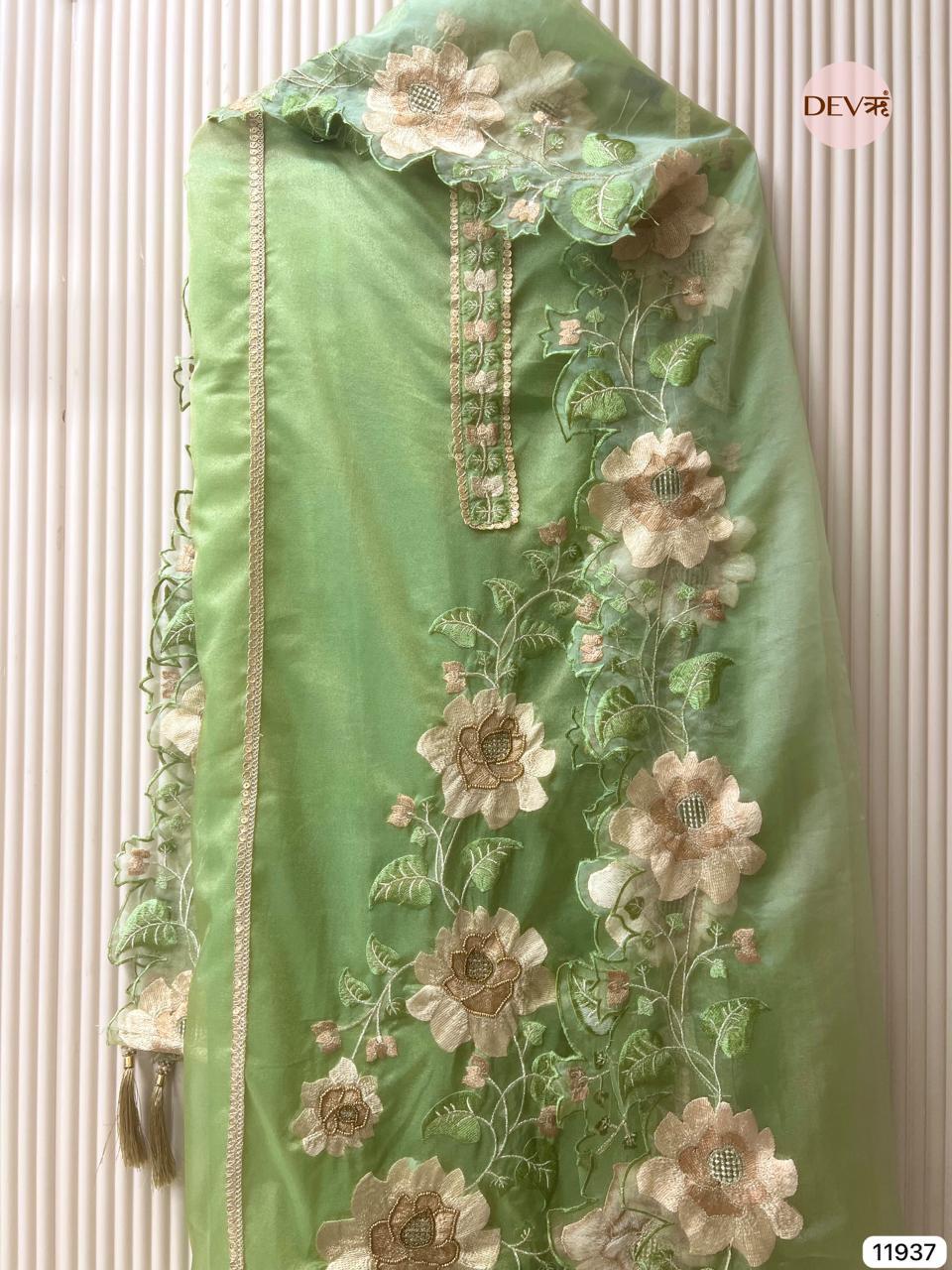 Green Tissue Shimmer Embroidered Unstitched 3-Piece Suit (Devri – D.No 11937)