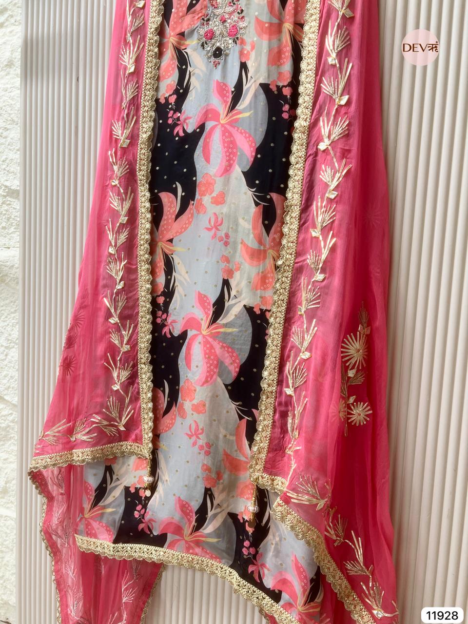 Pink Glass Tissue Silk Unstitched Printed Hand Embroidered -Set Of 3 - {11928}