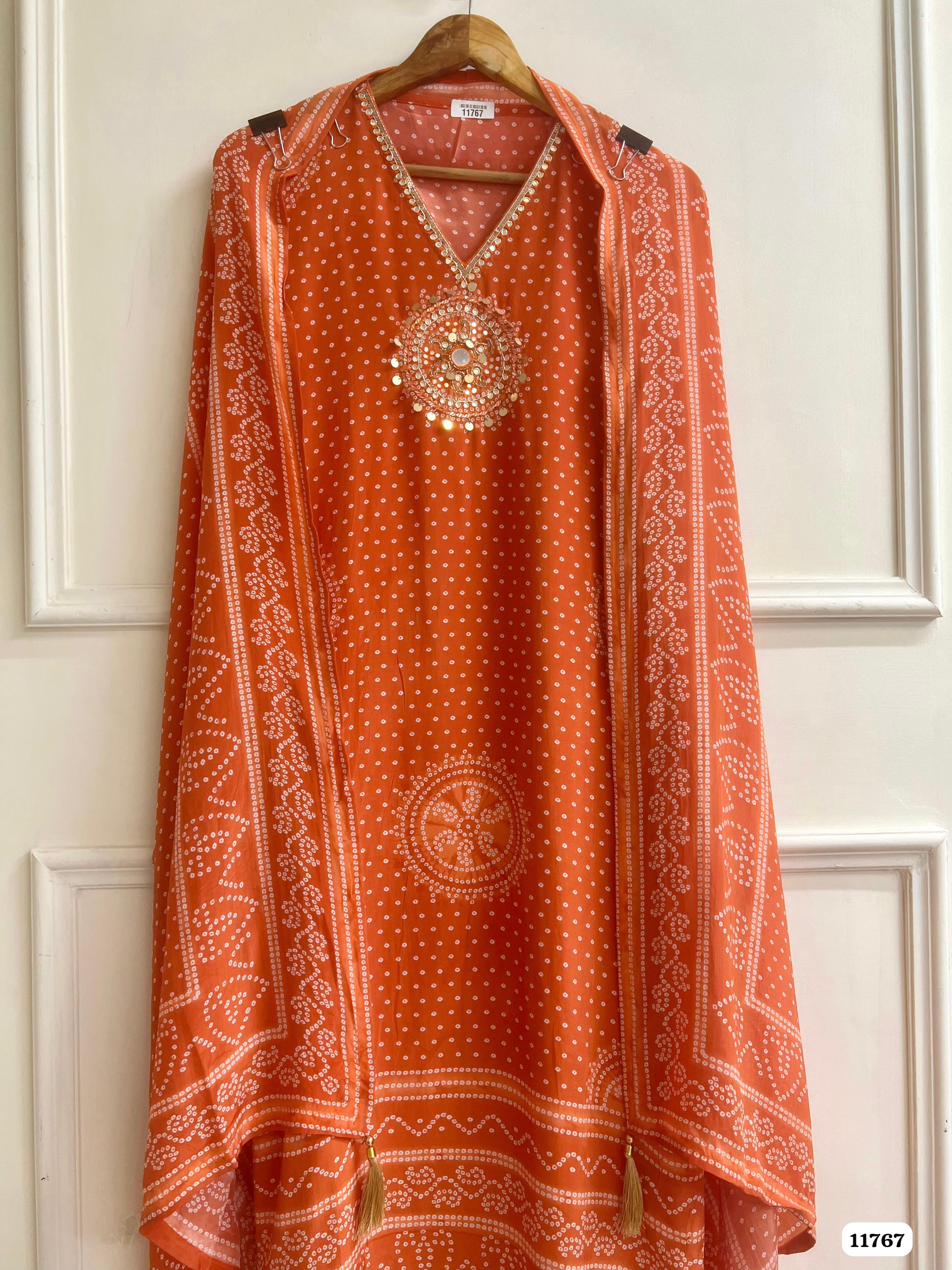 Orange Natural Crepe Unstitched Printed Hand Embroidered -Set Of 3 {11767}