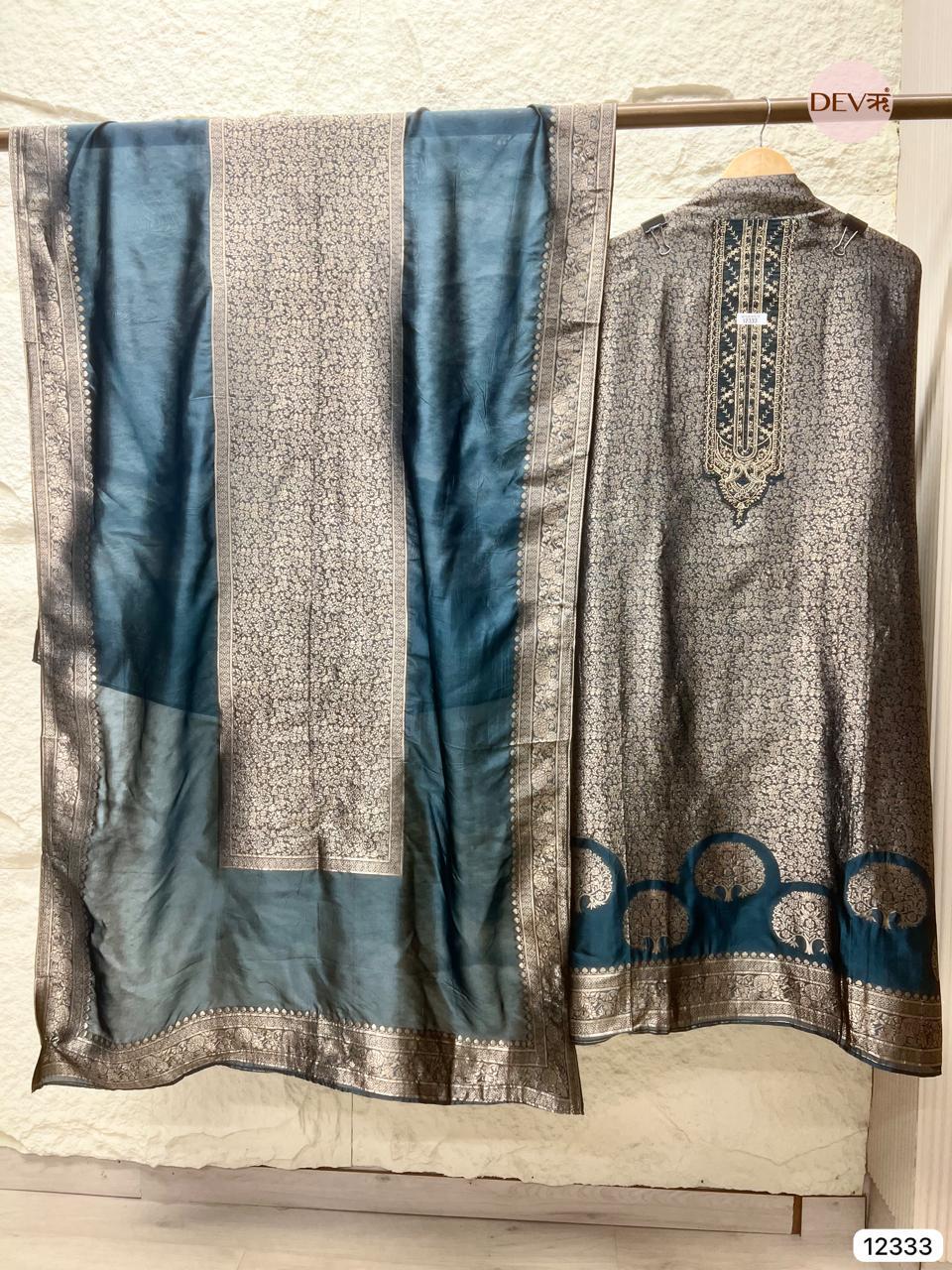 Deep Teal Blue Pure Banarasi Silk Woven Unstitched 3-Piece Suit (Devri – D.No 12333)