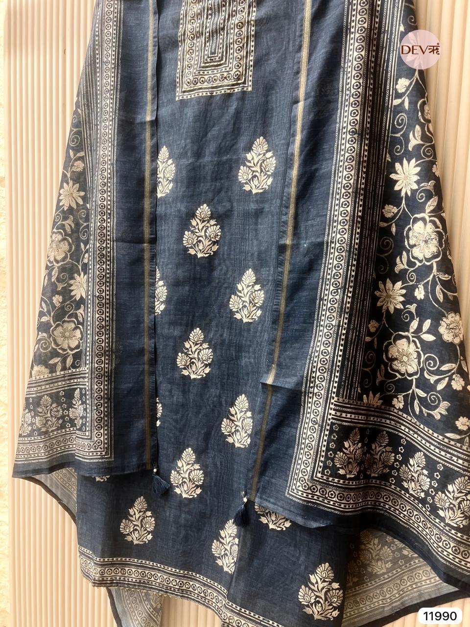 Navy Mul Chanderi Printed Unstitched 3-Piece Suit (Devri – D.No 11990)