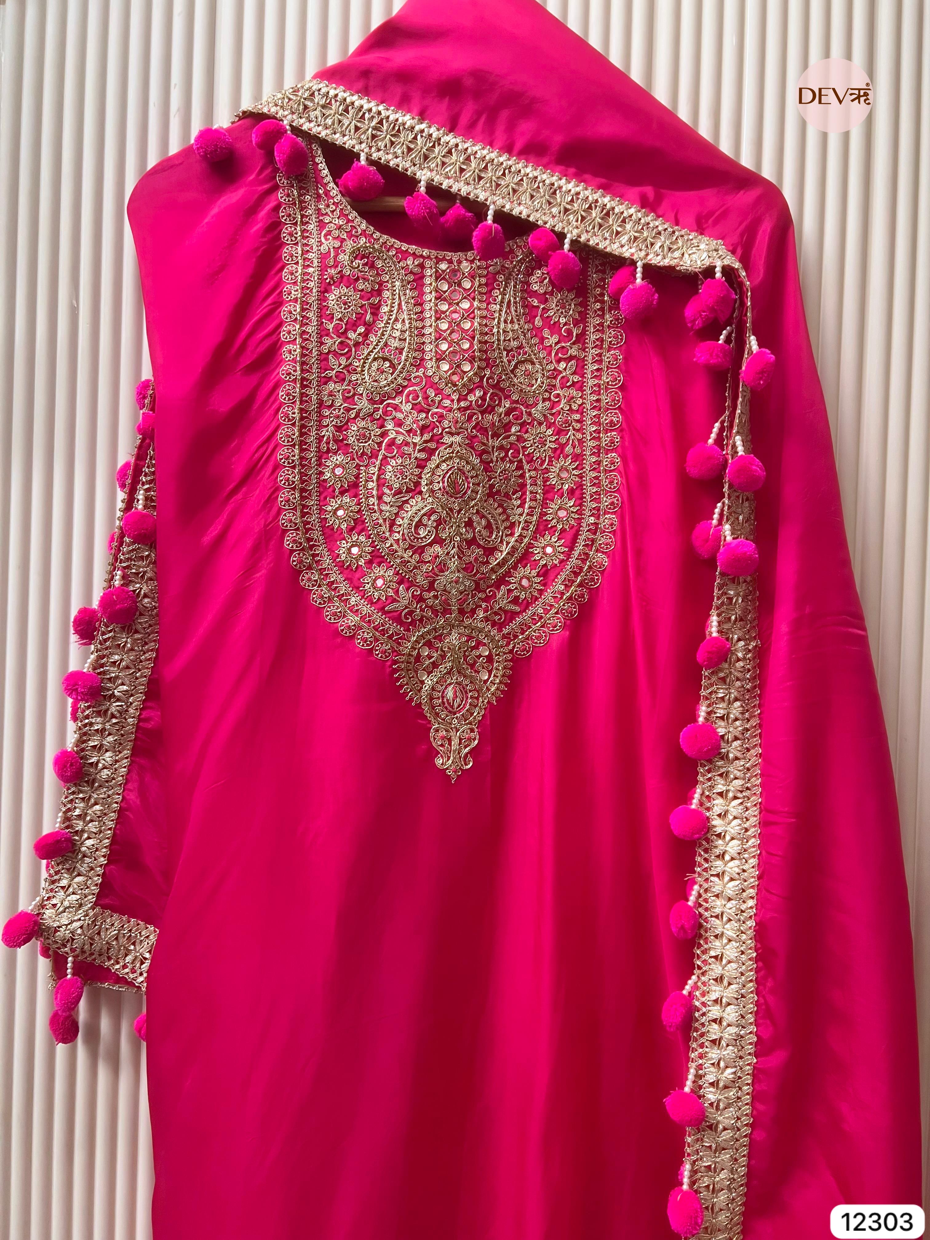 Rani Pink Glass Organza Embroidered Unstitched 3-Piece Suit (Devri – D.No 12303)