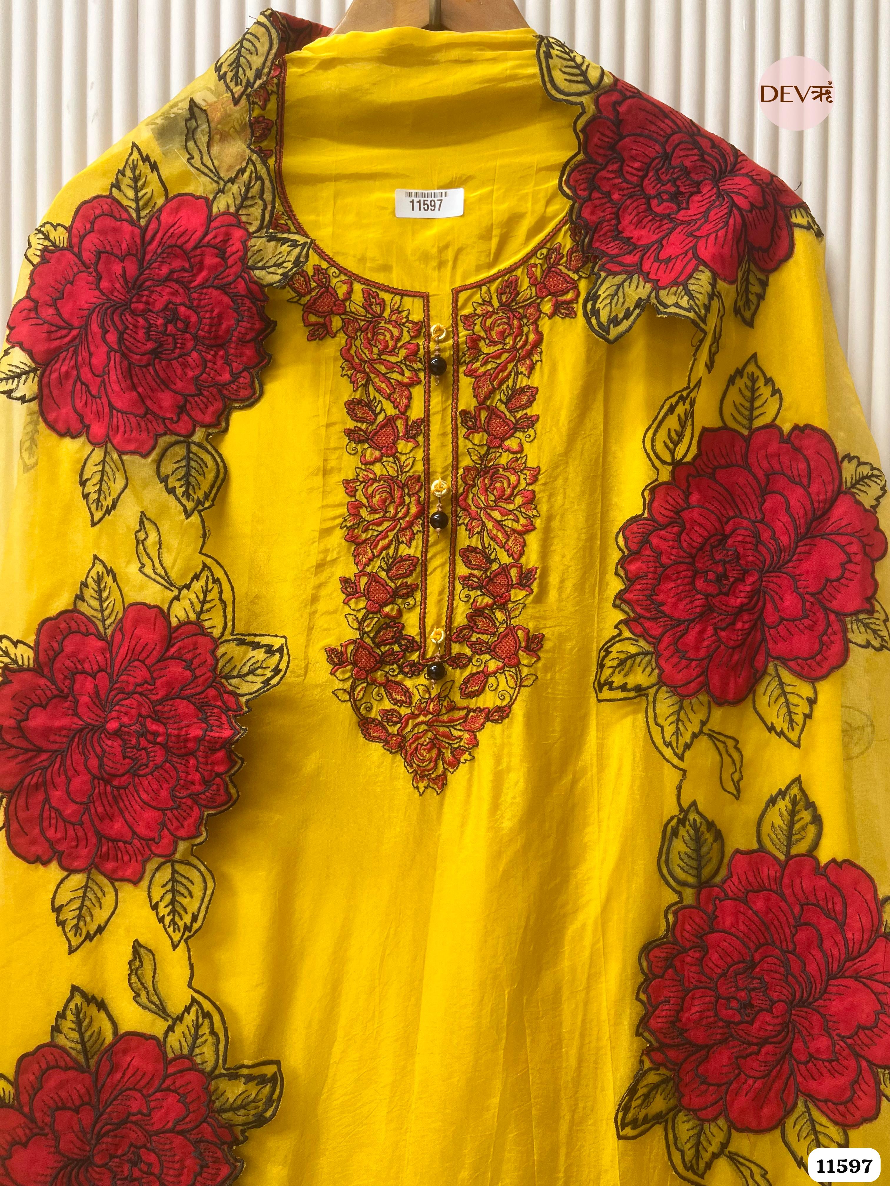 Yellow Organza Unstitched Embroidered -Set Of 3 {11597}