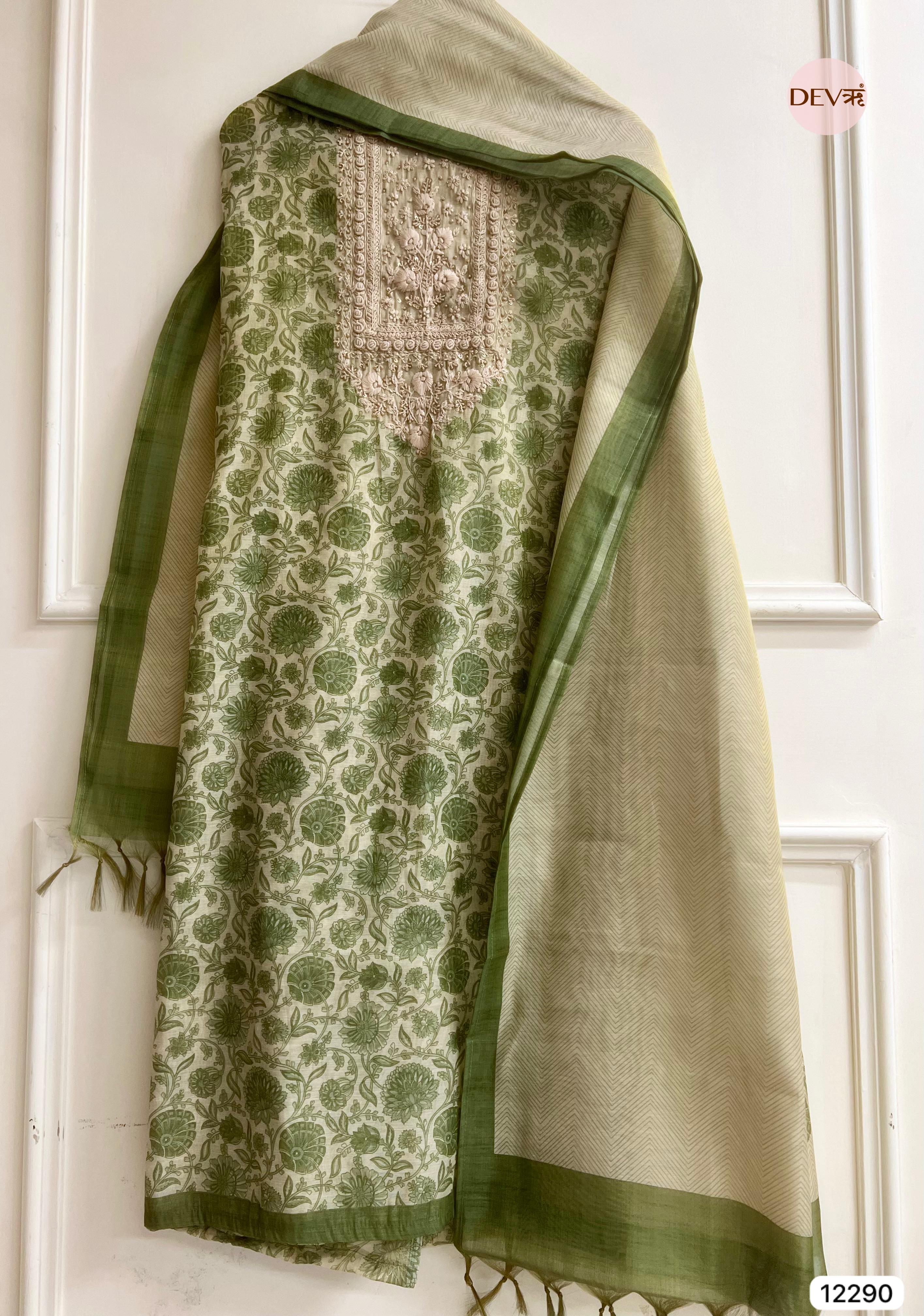 Ivory Green Tissue Silk Embroidered Unstitched 3-Piece Suit (Devri – D.No 12290)