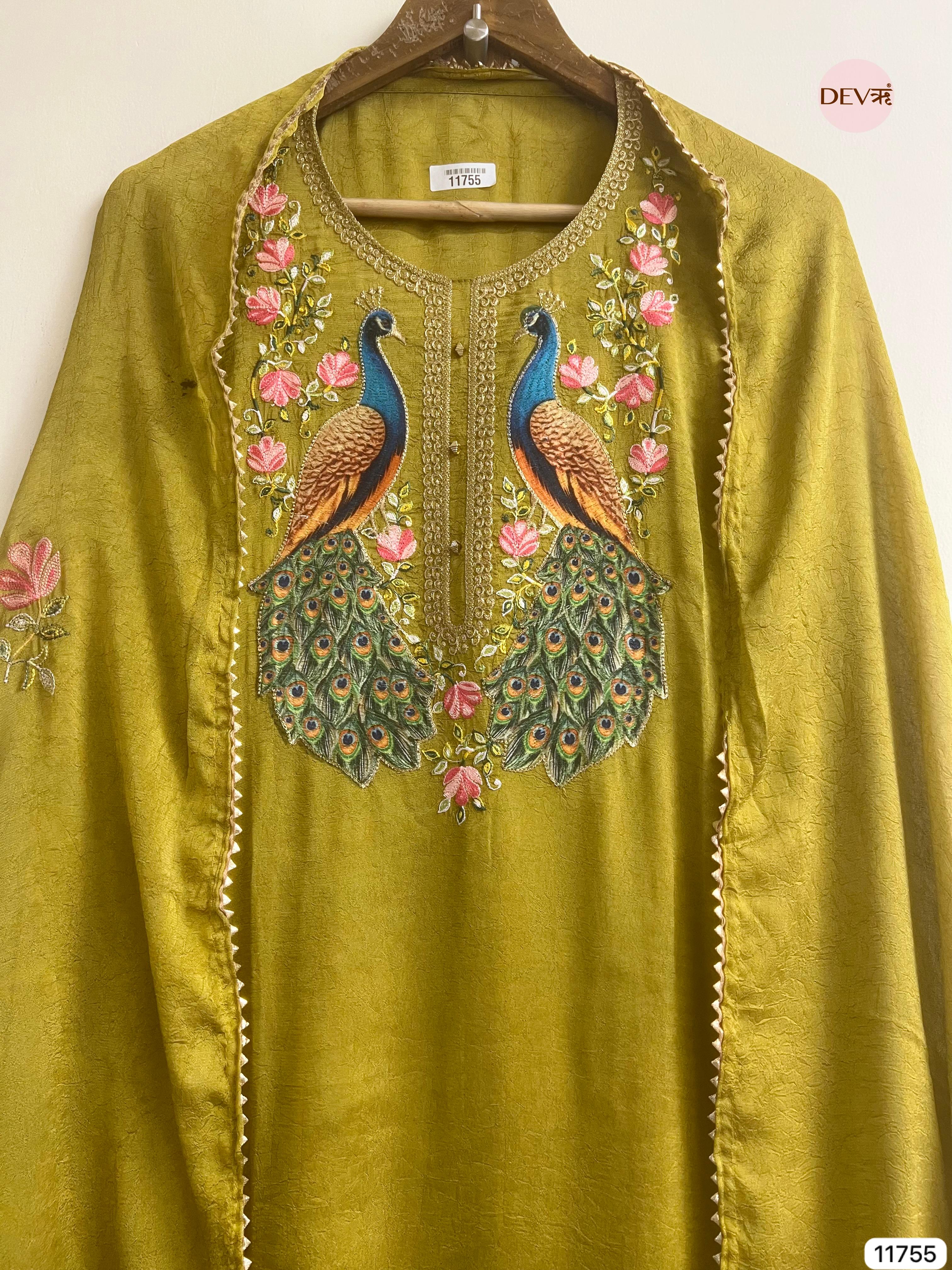 Olive Green Russian Silk Unstitched Hand Applique Work Embroidered -Set Of 3