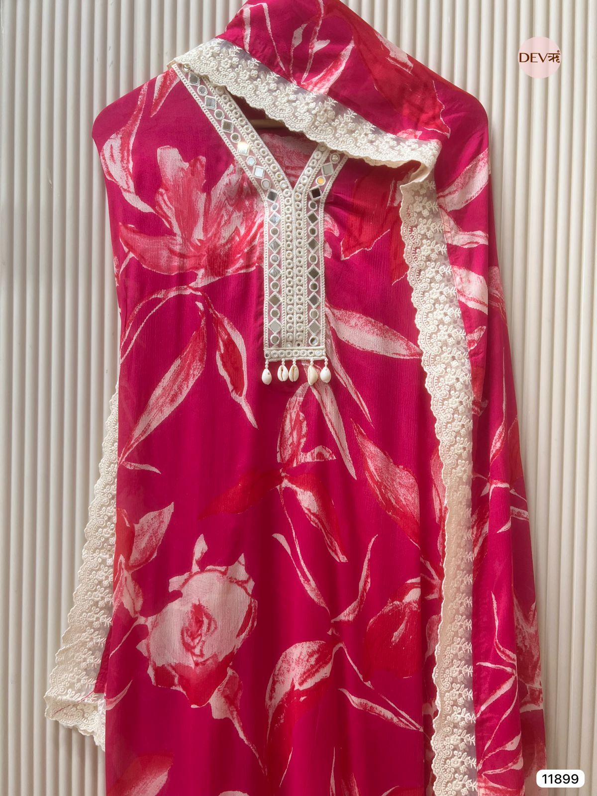 Pink Chinon Unstitched Printed Hand Embroidered -Set Of 3- {11899}