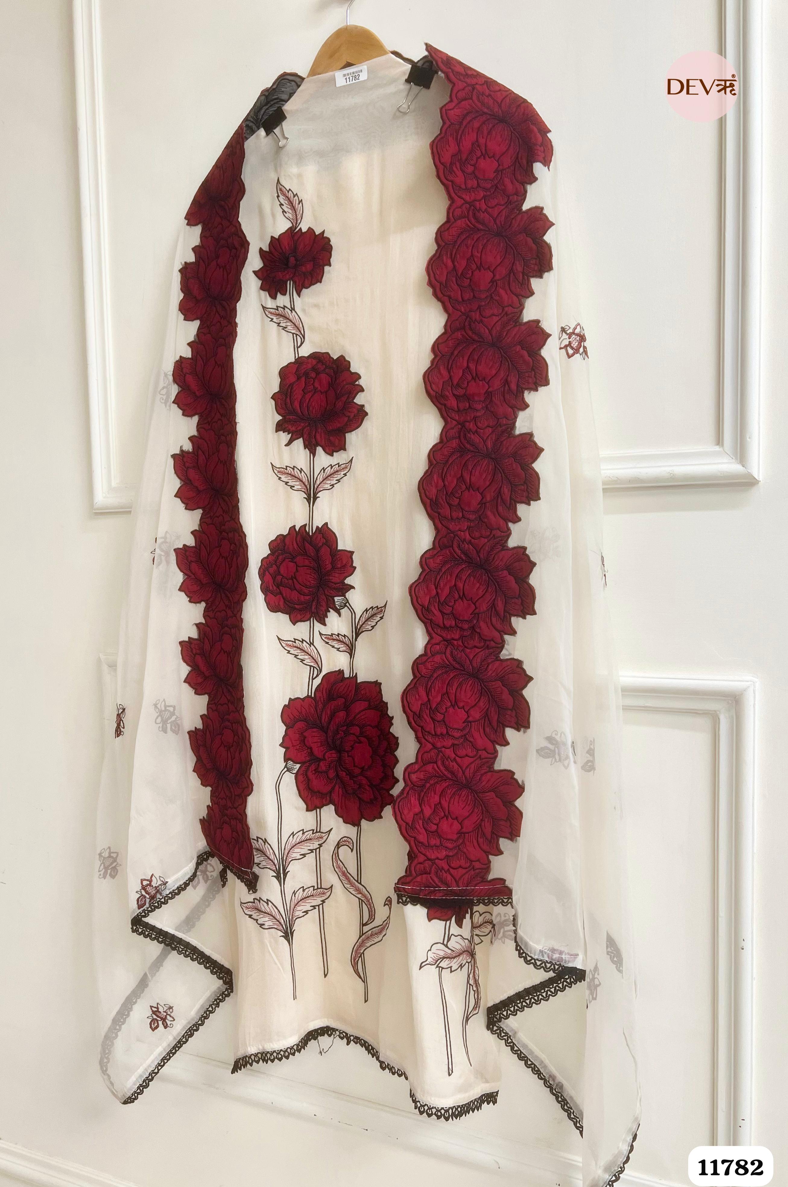 OF White Organza Unstitched Embroidered -Set Of 3 {11782}
