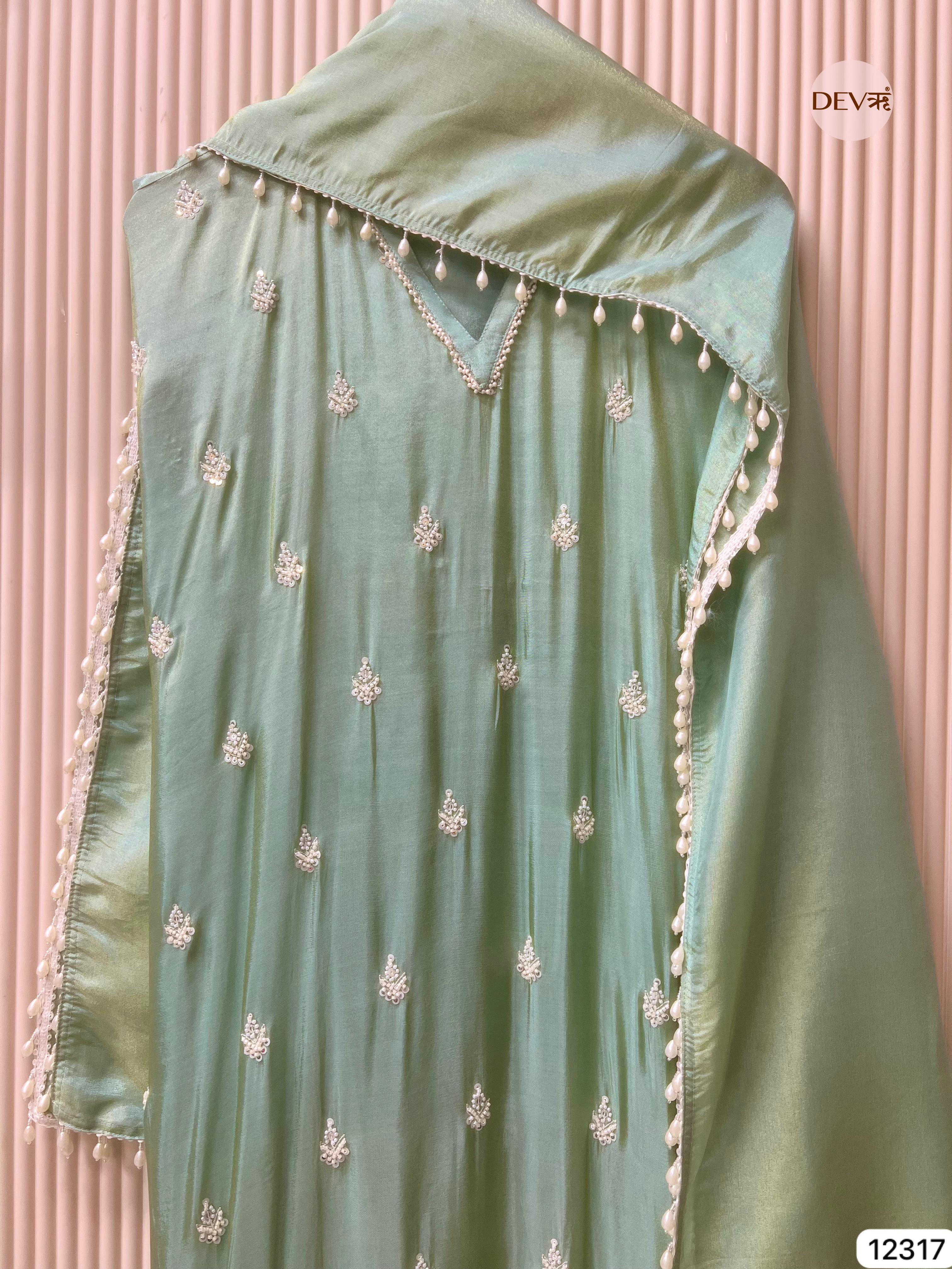 Mint Green Shimmer Silk Embroidered Unstitched 3-Piece Suit (Devri – D.No 12317)
