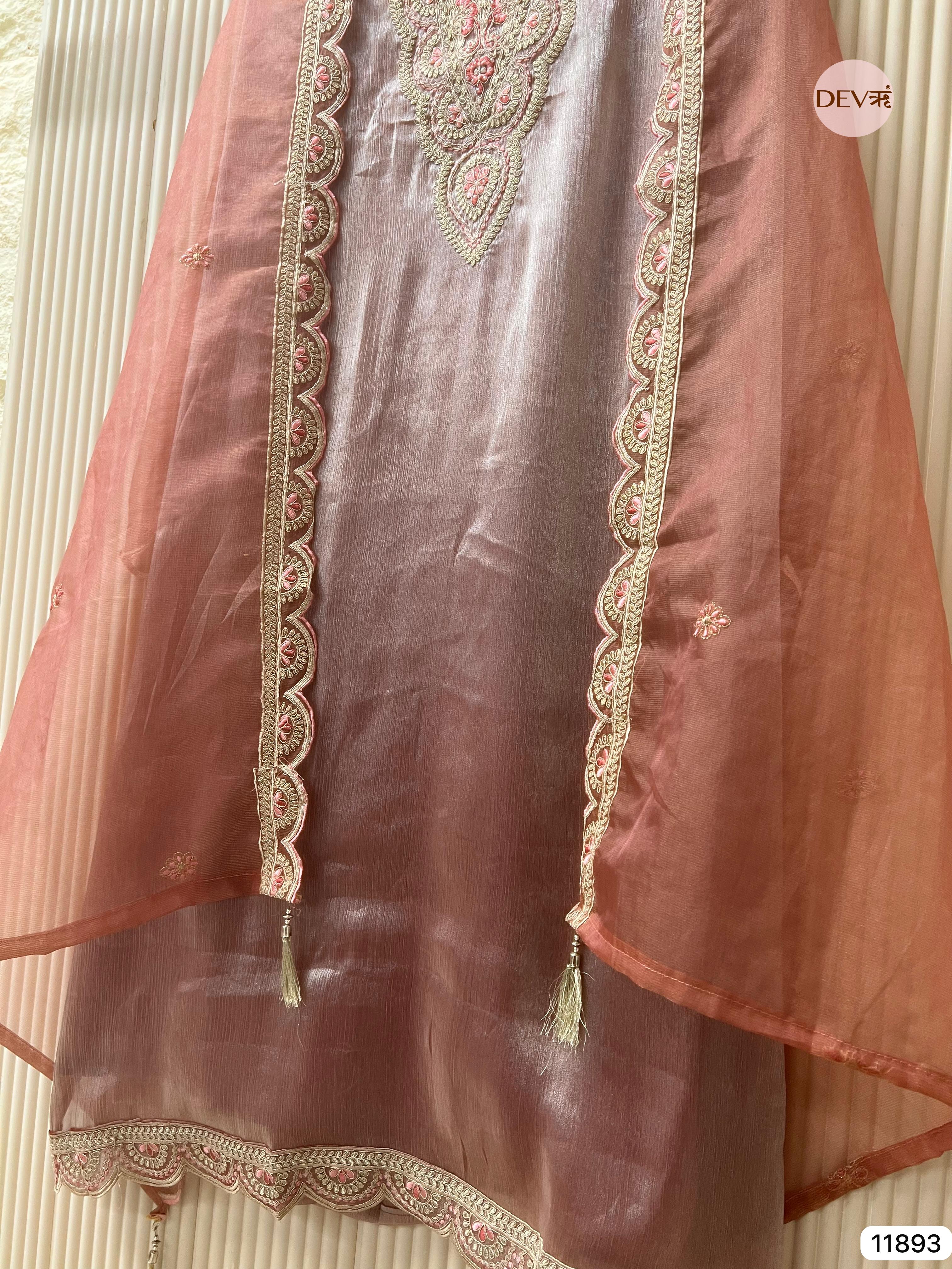 Rust Tissue Shimmer Silk Unstitched Printed Embroidered -Set Of 3- {11893}