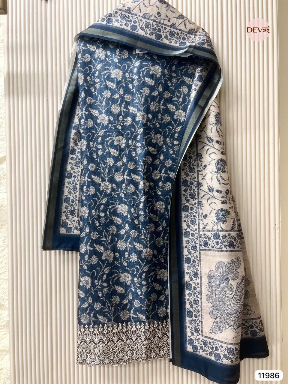 Blue Pure Tusser Silk Printed Unstitched 3-Piece Suit (Devri – D.No 11986)