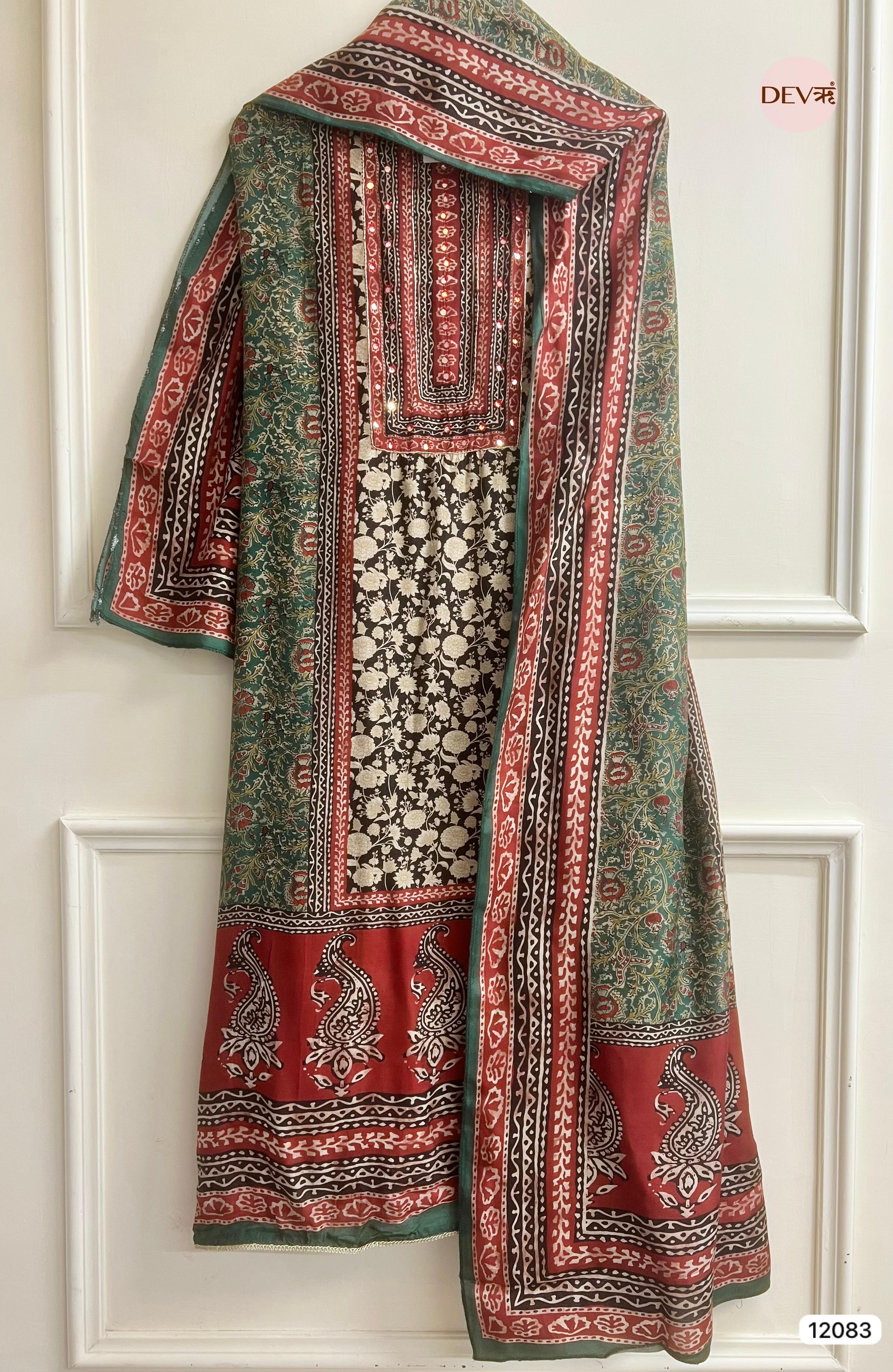 Multi colour Pure Muslin Unstitched Printed Embroidered -Set Of 3 - {12083}