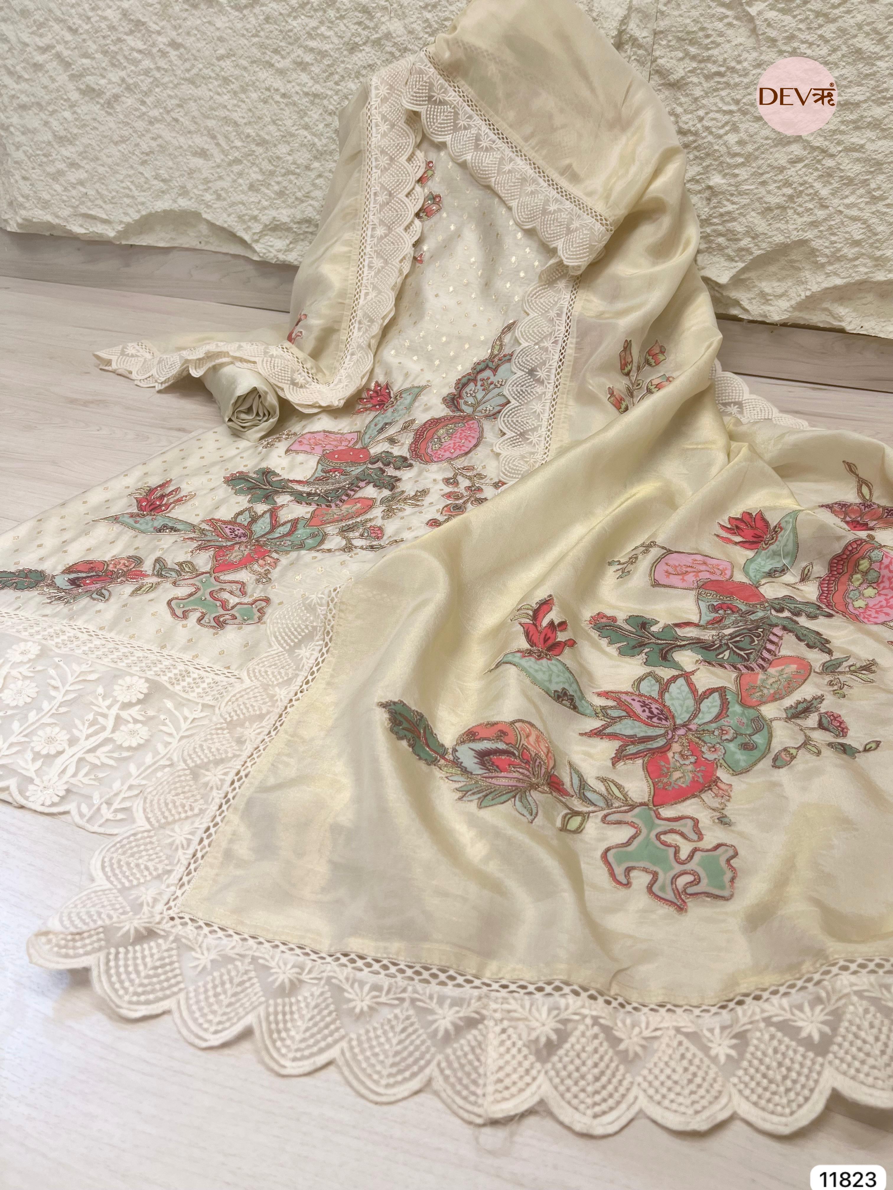 Off White Pure Shimmer Tissue Silk Unstitched Hand Embroidered -Set Of 3 - {11823}