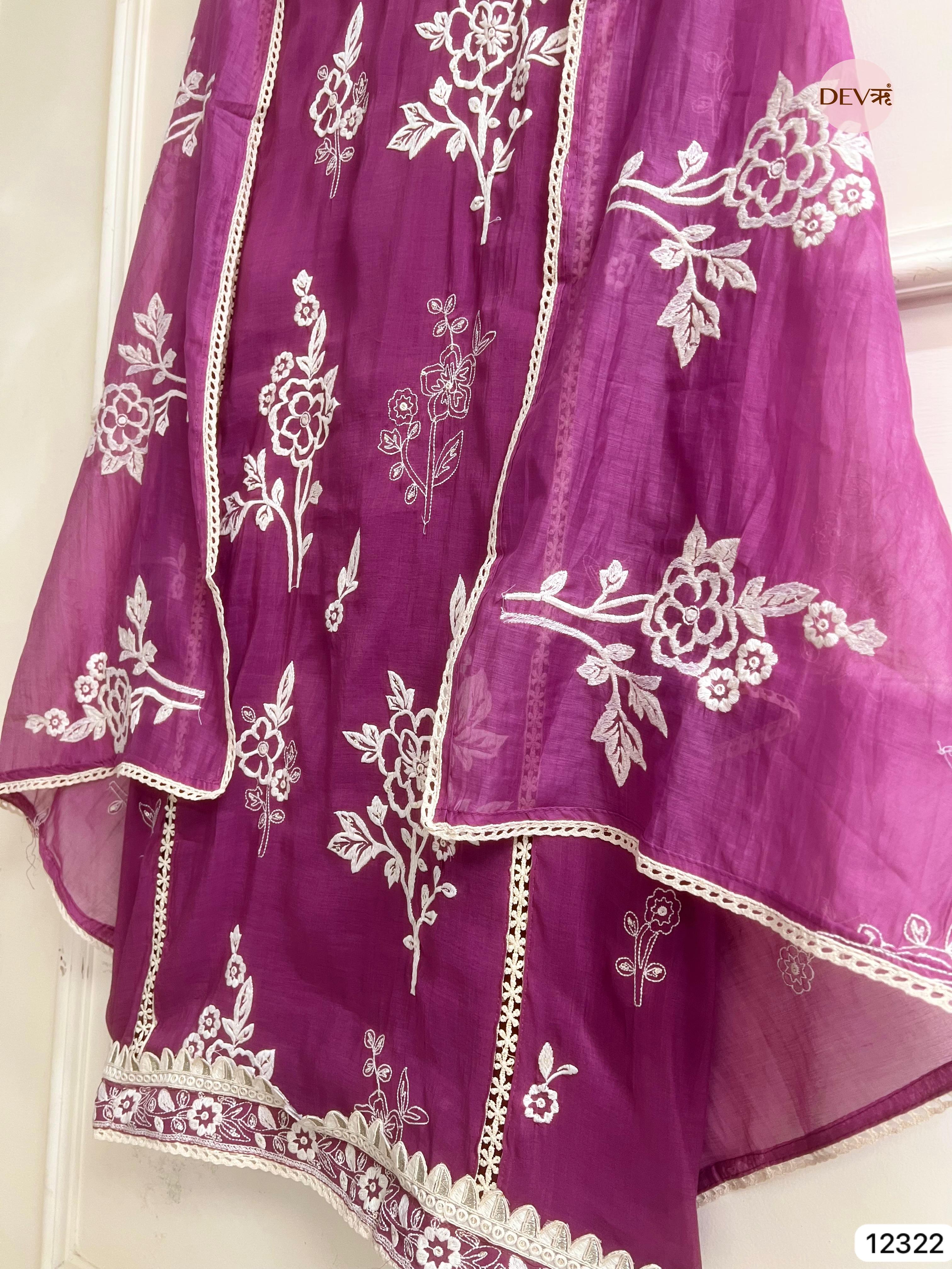Royal Plum Mul Chanderi Embroidered Unstitched 3-Piece Suit (Devri – D.No 12322)