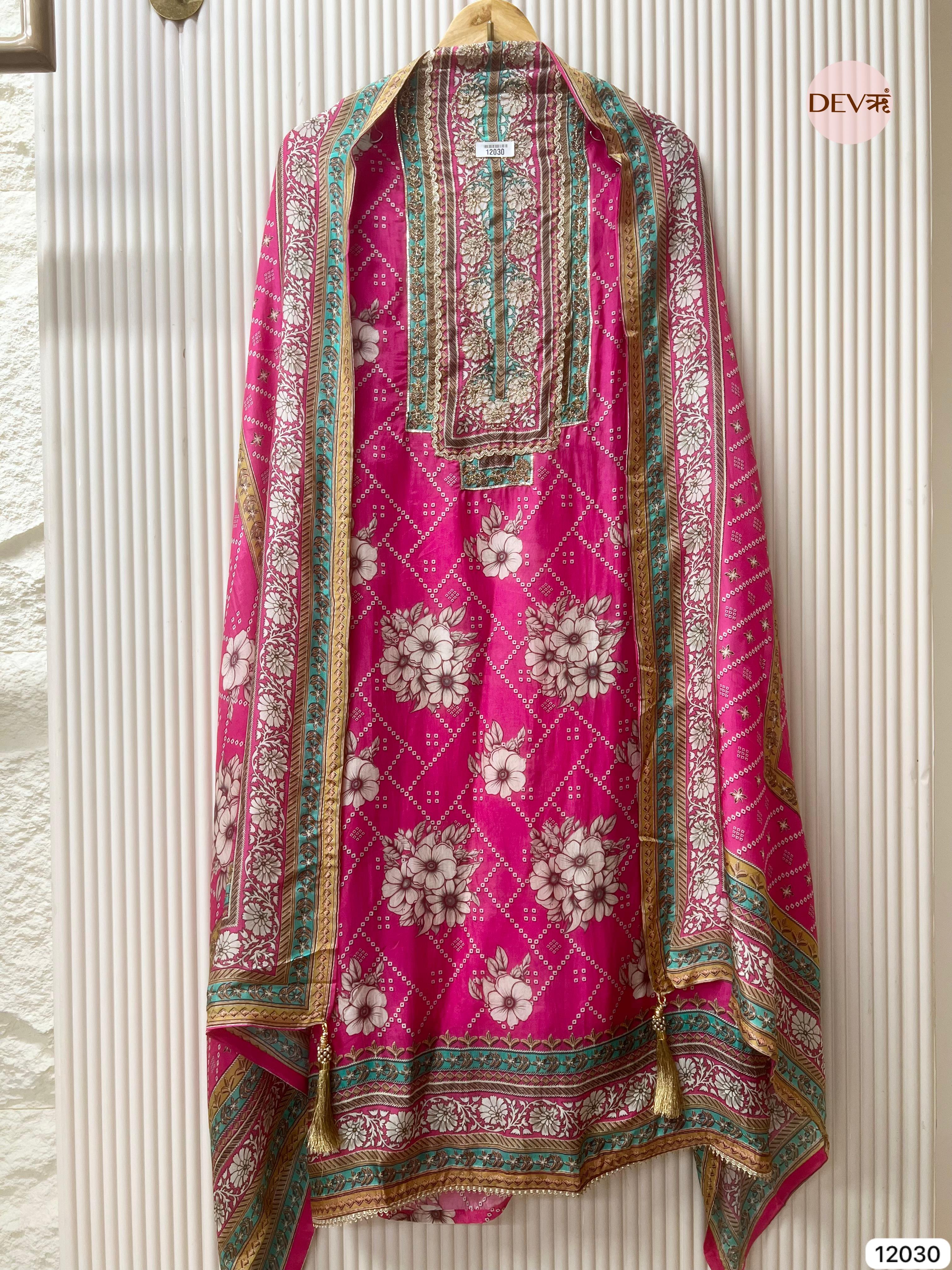 Pink Pure Glass Silk Unstitched Printed Zardosi Highlight Embroidered -Set Of 3 - {12030}