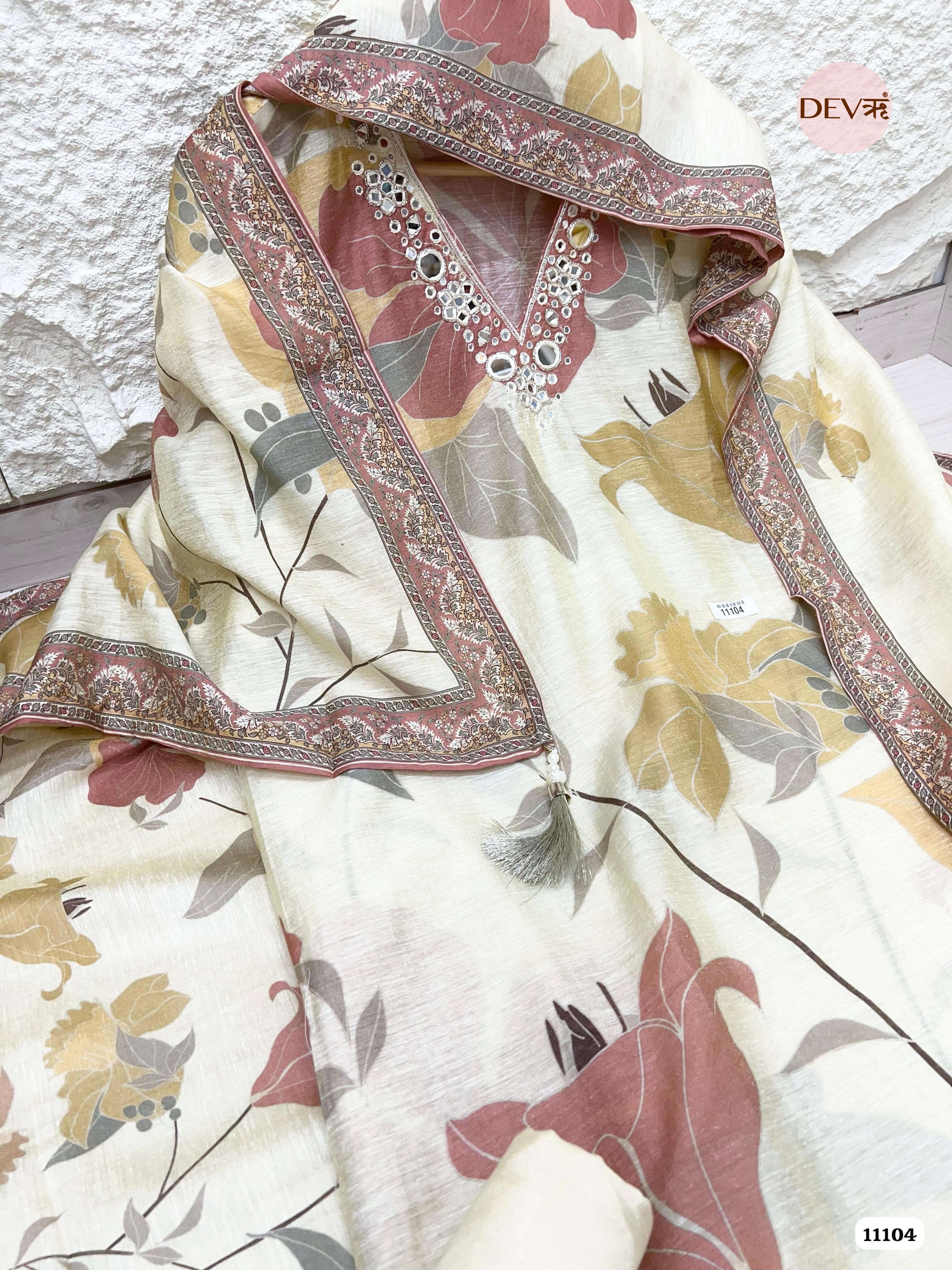 Creamy White Mul Chanderi Printed Unstitched Hand Embidered -Set Of 3 {11104}