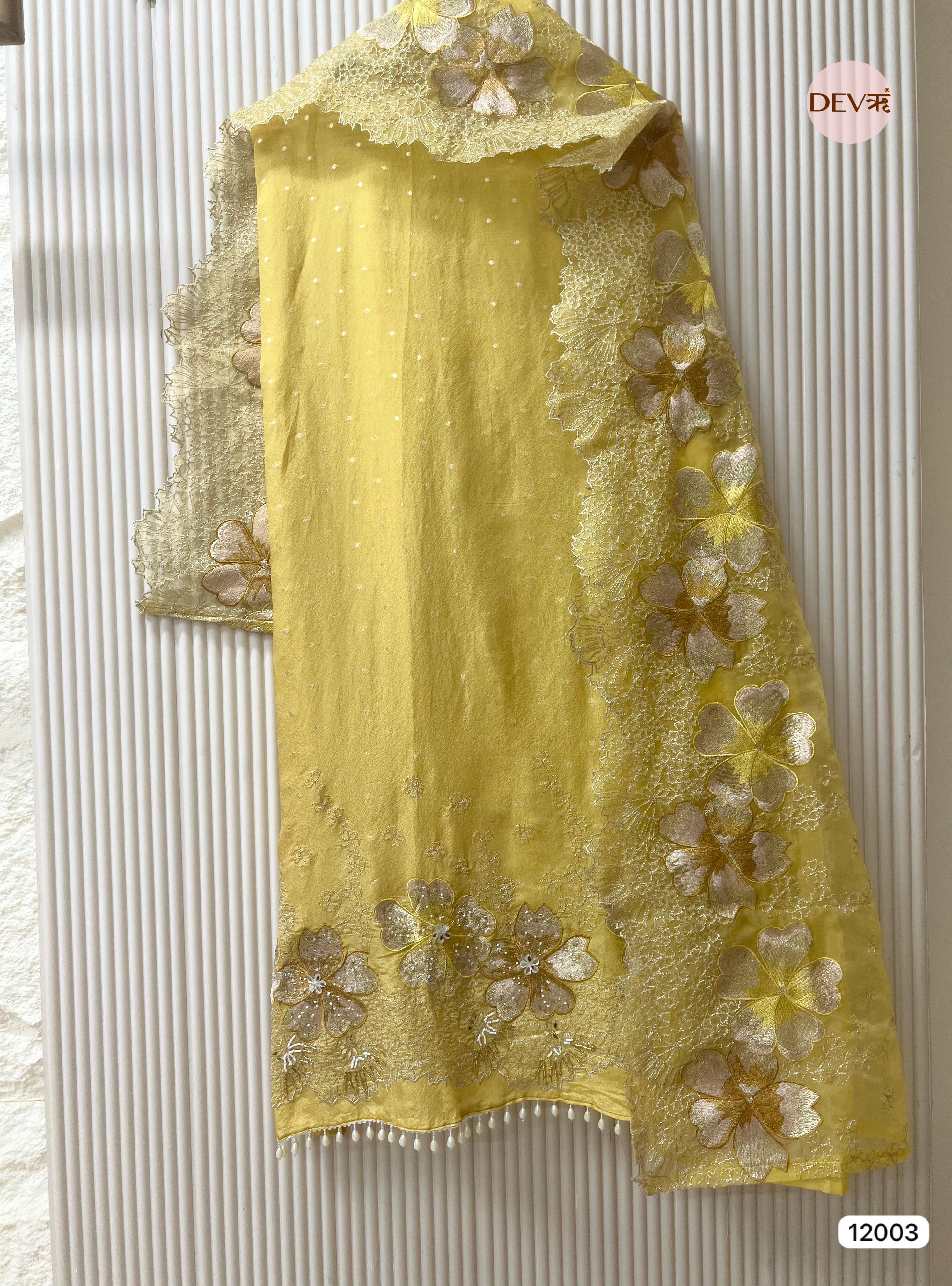 Yellow Tissue Shimmer Silk Unstitched Embroidered -Set Of 3- {12003}