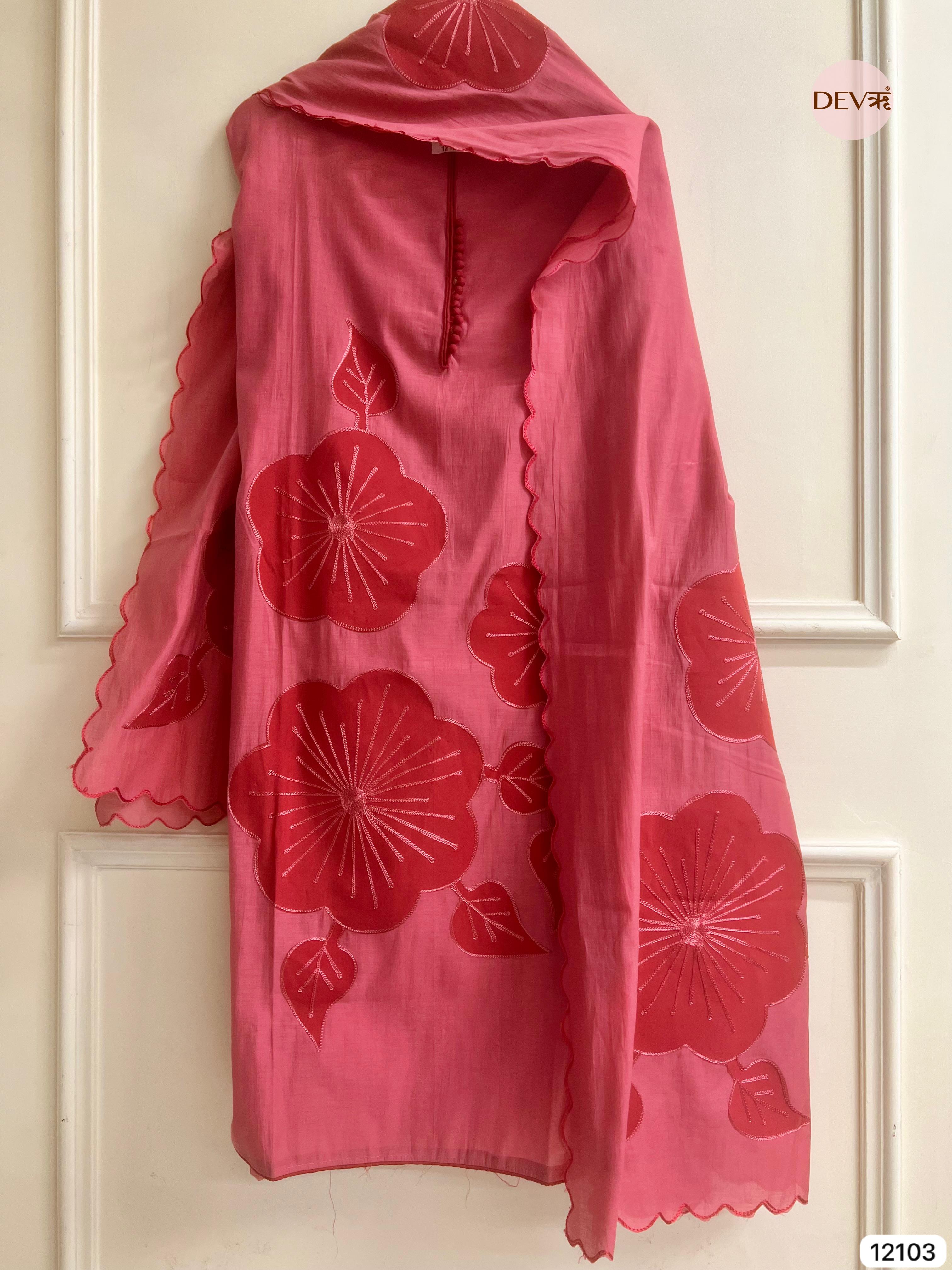 Pink Modal Silk Unstitched Applique Embroidered -Set Of 3 - {12103}