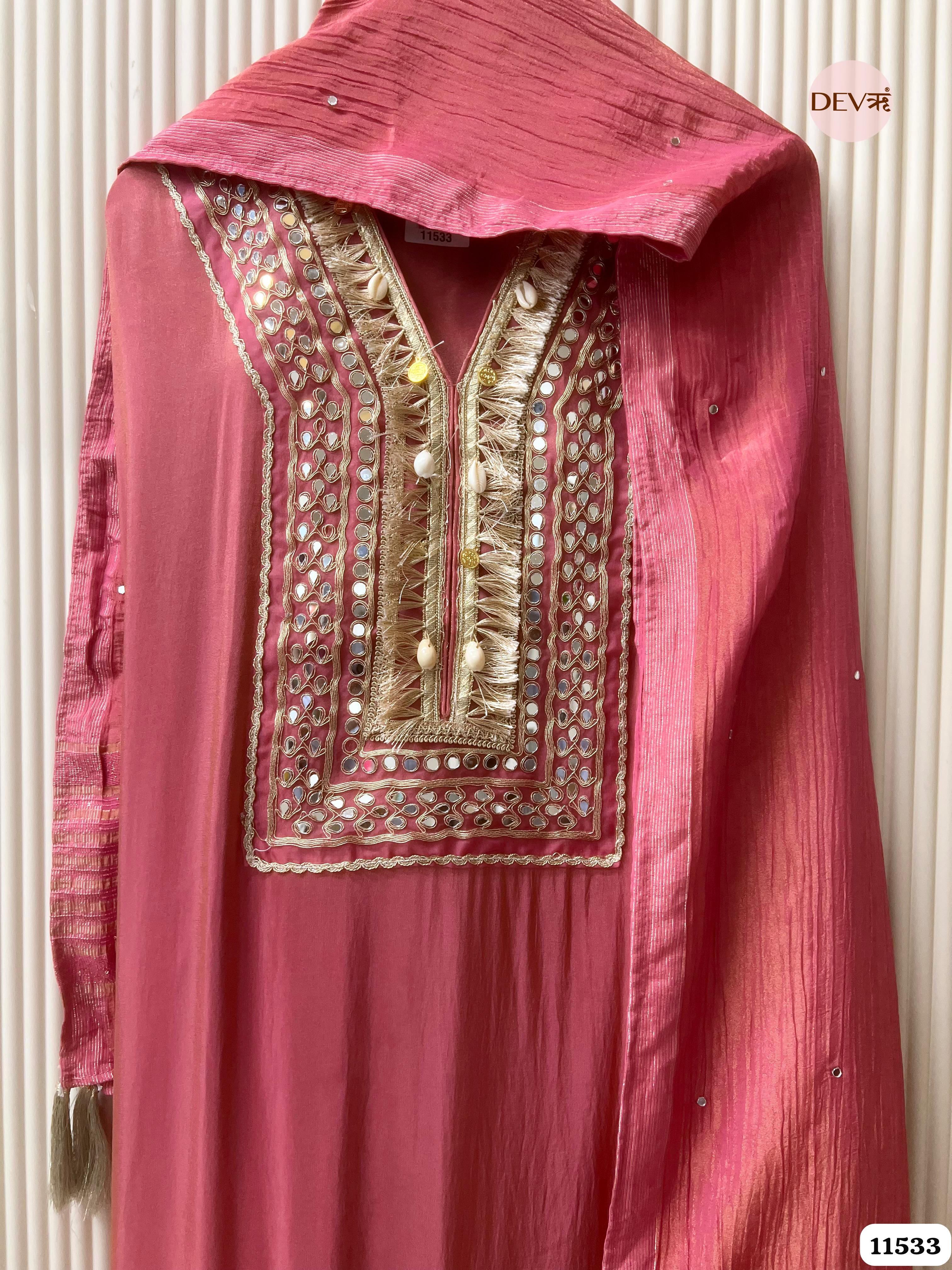 Pink Pure Tissue Silk Unstitched Hand Embroidered -Set Of 3 {11533}