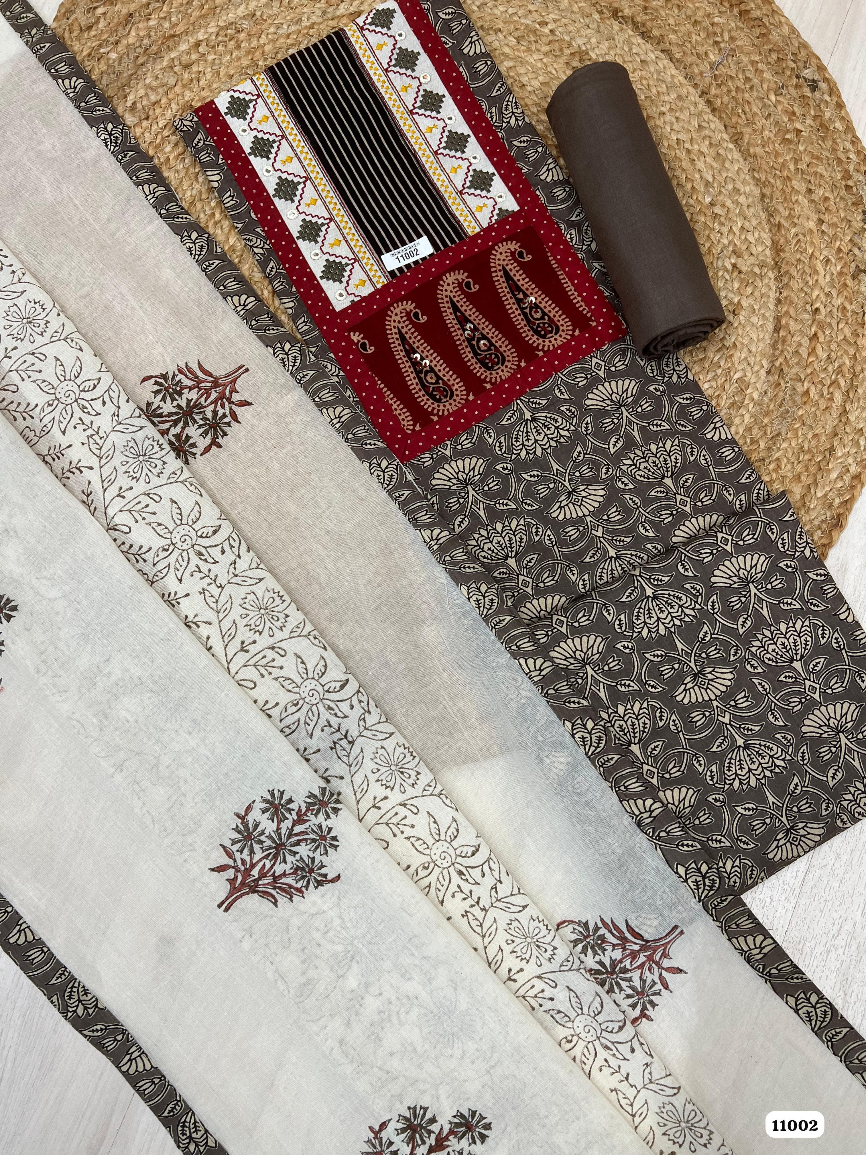 Grey Cotton Unstitched Printed Hand Embidered -Set Of 3