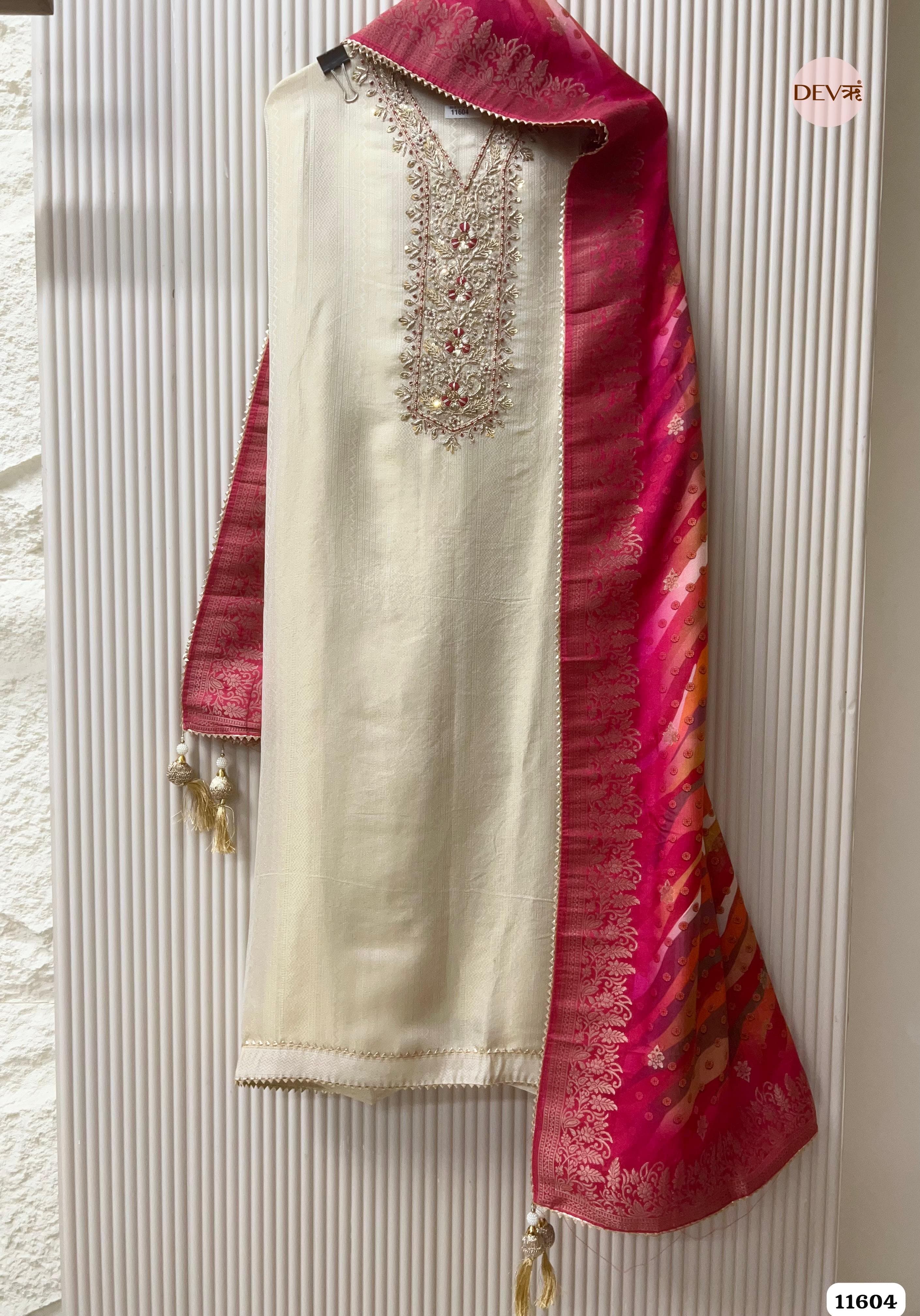 Cream Colour Pure Tissue Silk Unstitched Hand Embroidered -Set Of 3 {11604}