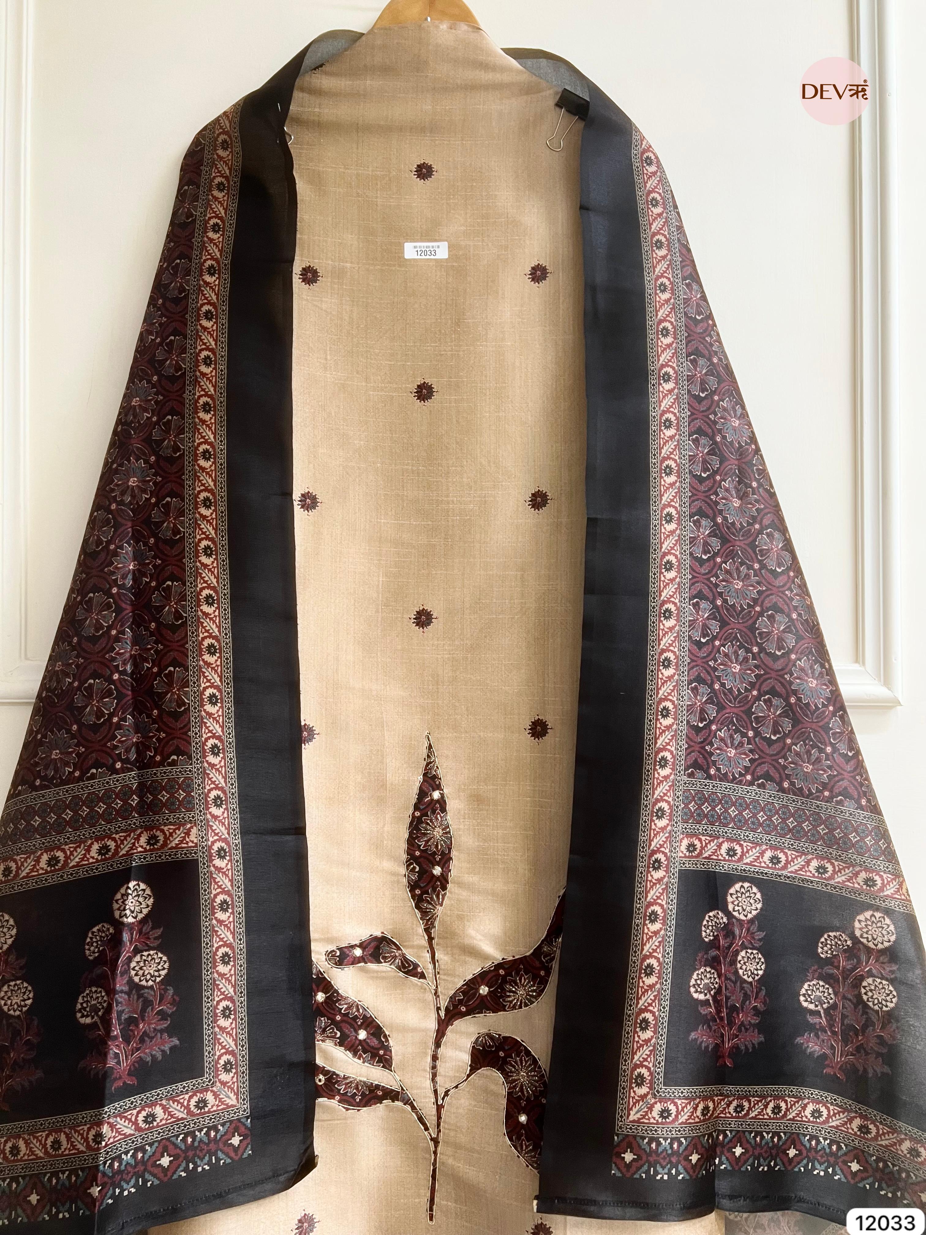 Off White Raw Silk Unstitched Hand Applique Work Embroidered -Set Of 3 - {12033}