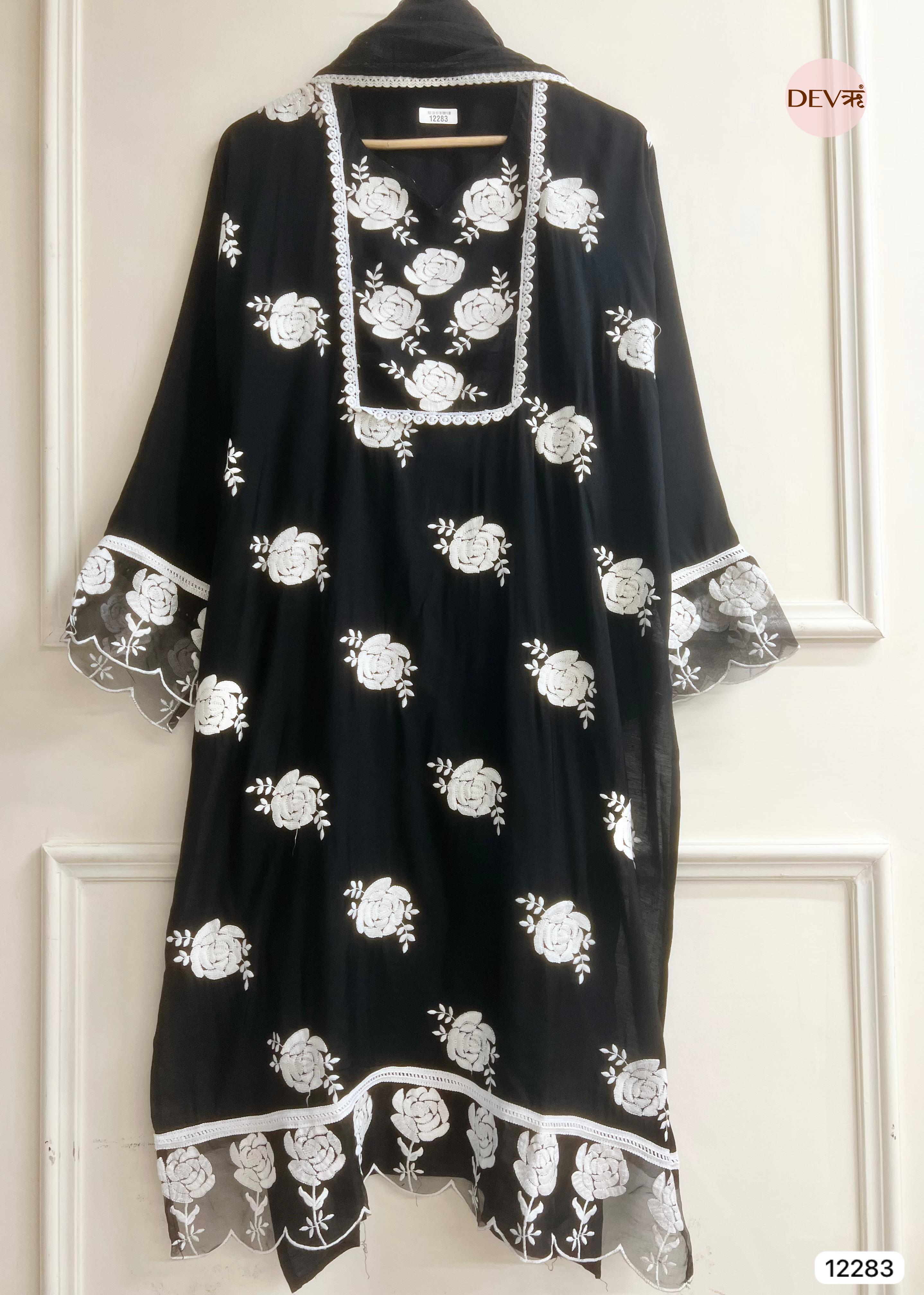 Black Muslin Embroidered Unstitched 3-Piece Suit (Devri – D.No 12283)