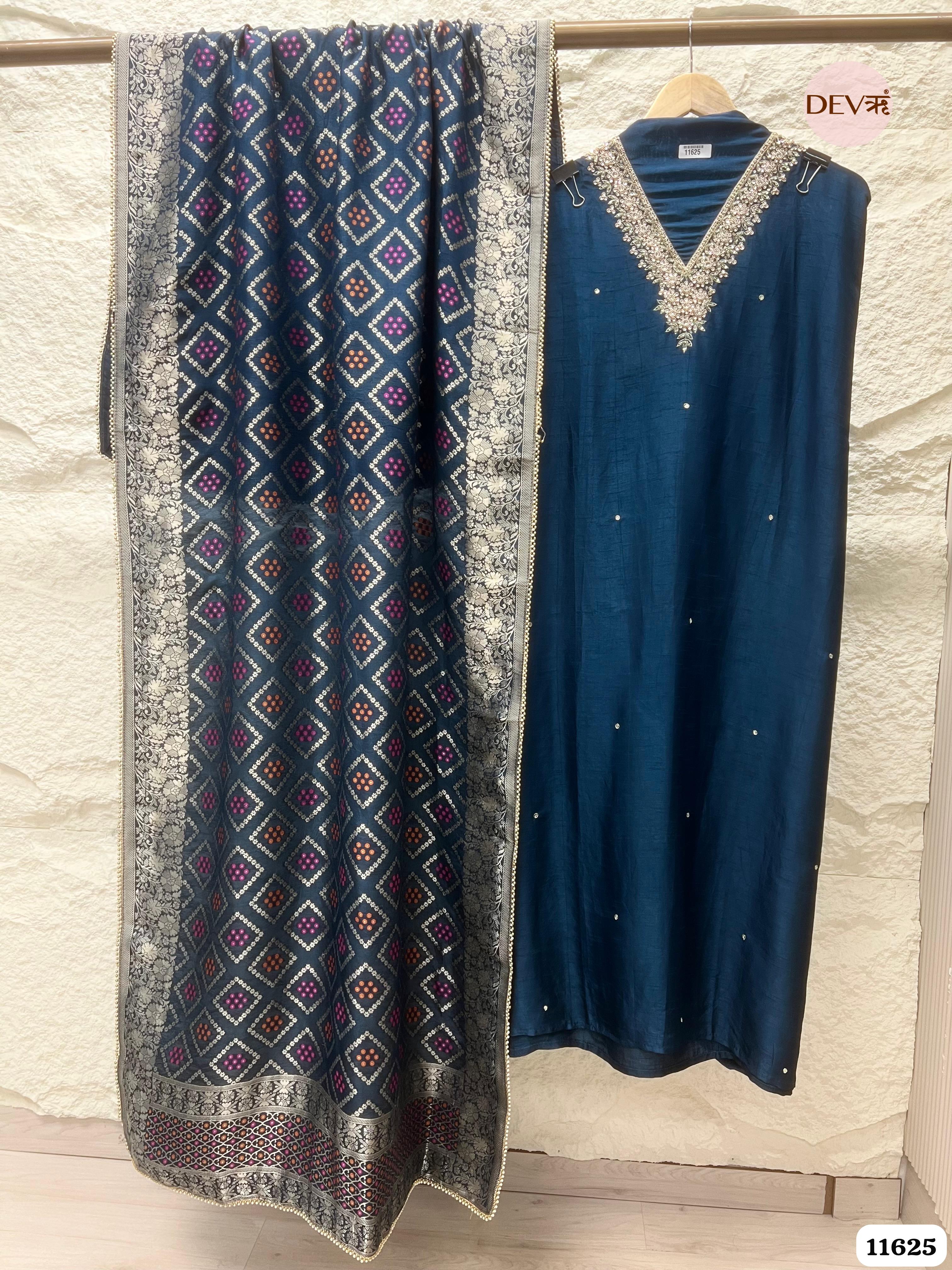 Navy Blue Pure Russian Silk Unstitched Hand Embroidered -Set Of 3 {11625}