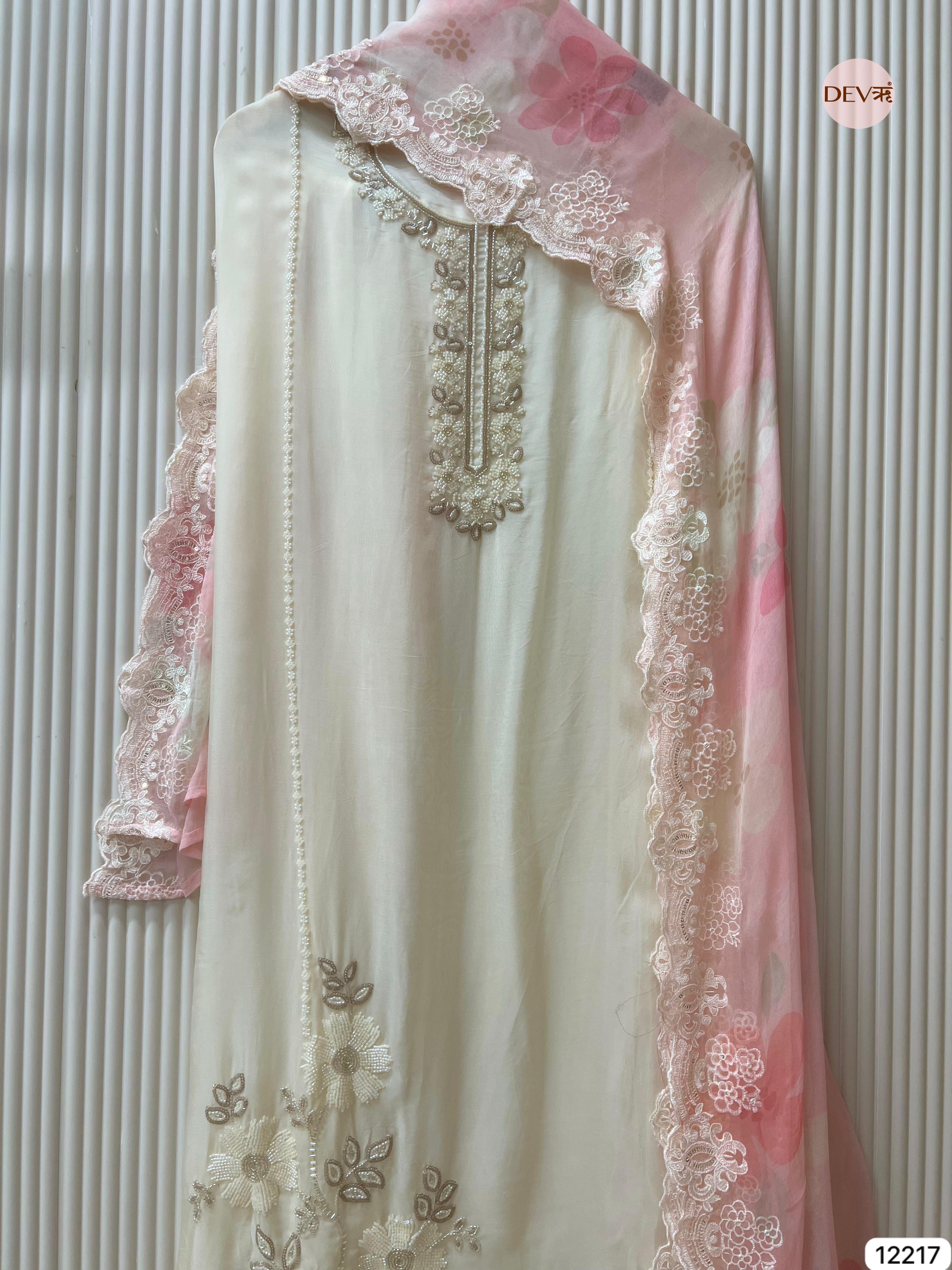 Ivory Pure Organza Embroidered Unstitched 3-Piece Suit (Devri – D.No 12217)