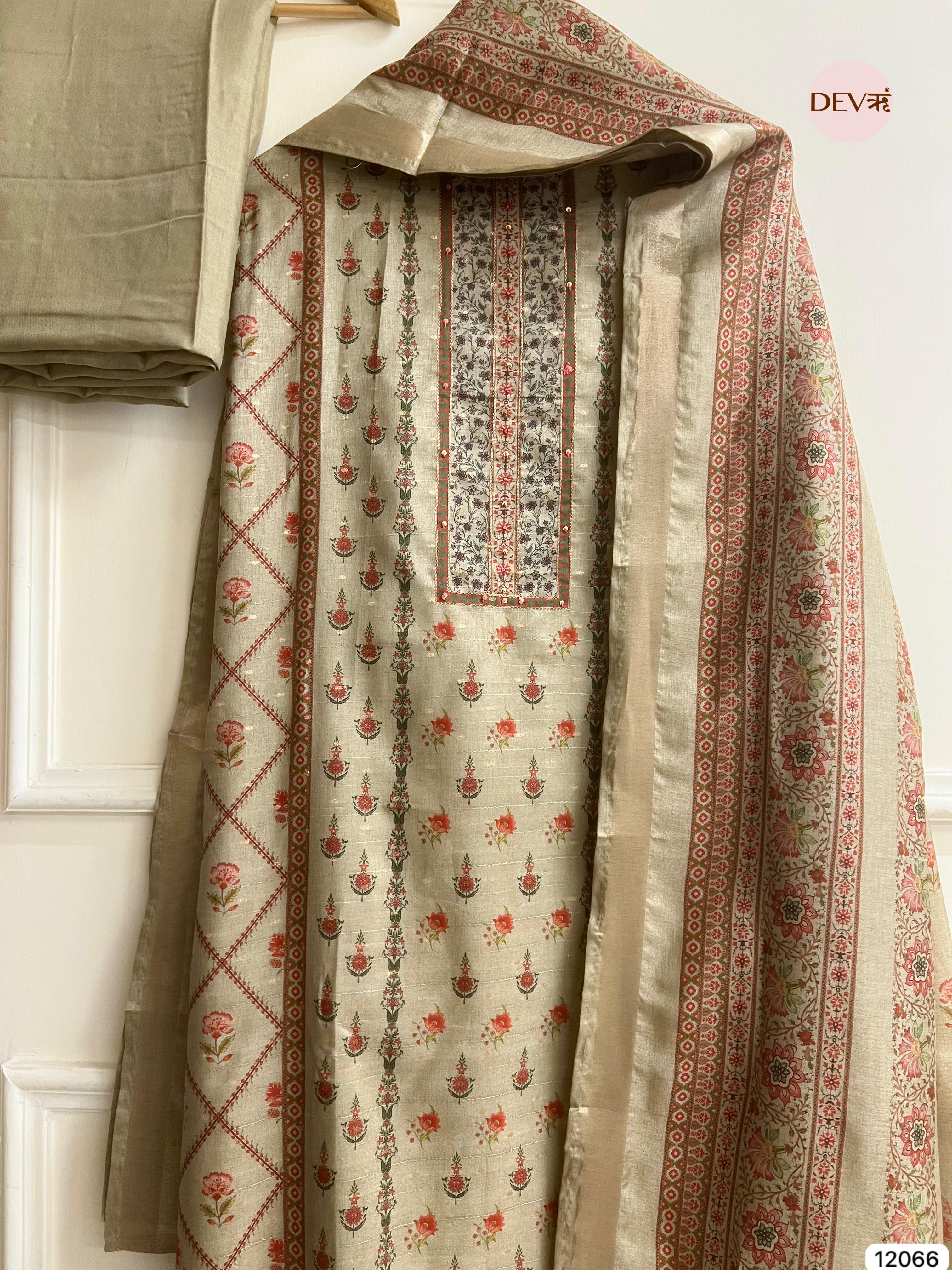 Peach Colour Raw Handloom Silk Unstitched Designer Printed With Hand Embroidery -Set Of 3 - {12066}